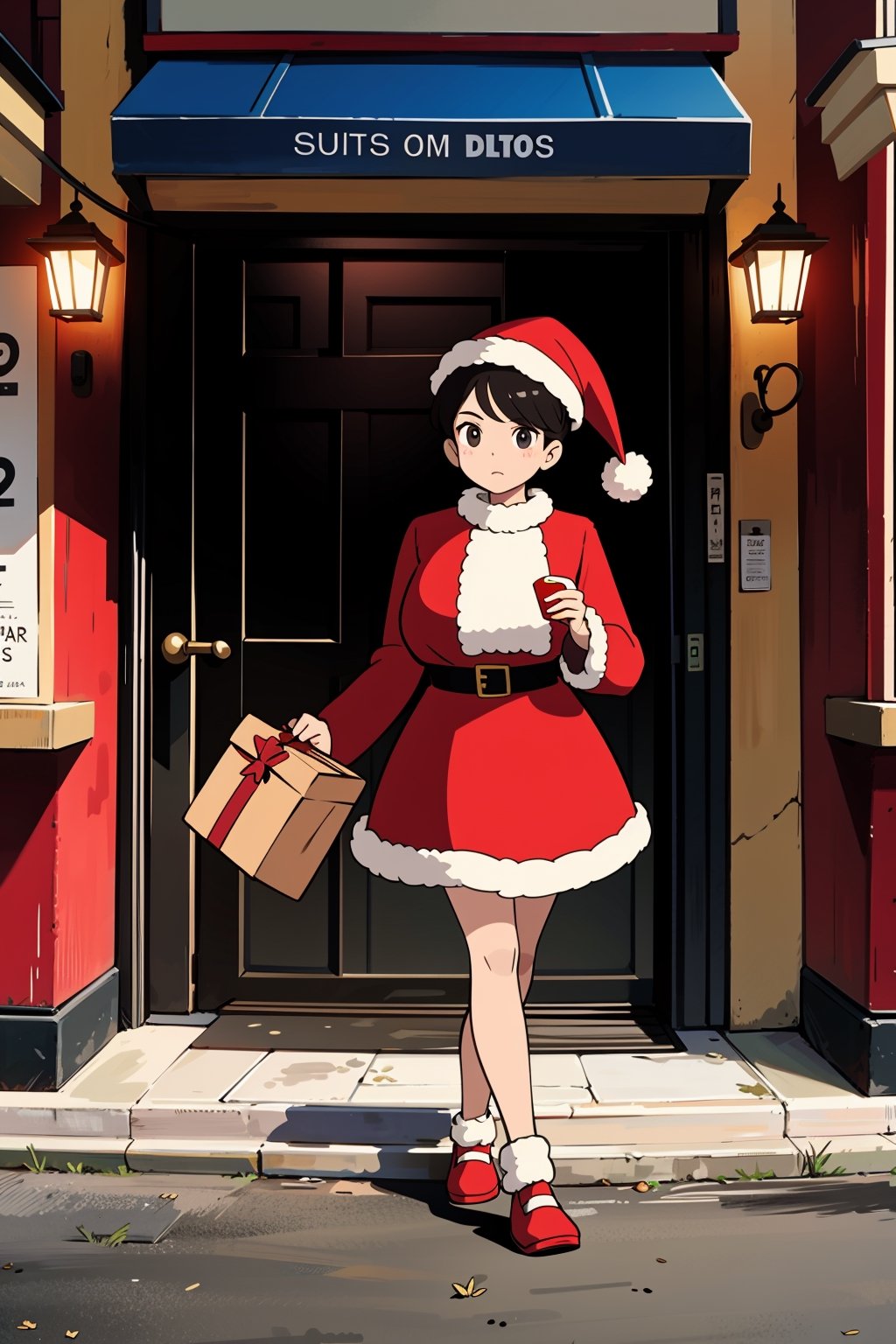 ((Masterpiece)), ((Ultra Best quality)), Photorealistic, 8k raw photo, ((Hyperdetailed)),
((small Round Boobs)), (beautiful bottom), detailed, perfect body,
A young woman is wearing (a Santa Claus costume). She has a red coat and mini skirt ,a red hat with a white fur pom-pom, white gloves, a black belt, 
She  is walking in the city of christmas lights, carrying a bag full of presents, in the evening,sticker design