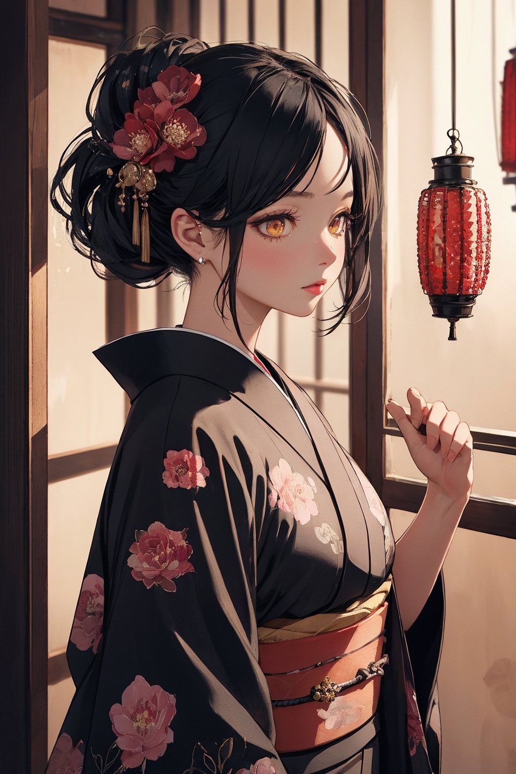 A Ultra realistic, a stunningly girl in (Peony pattern kimono:0.9), ornaments, flirting, filigree, colorful, sparkels, highlights, digital art, masterwork, black  hair, shrine, amber eyes, chignon, dark theme, soothing tones, muted colors, high contrast, (natural skin texture, hyperrealism, soft light, sharp)
