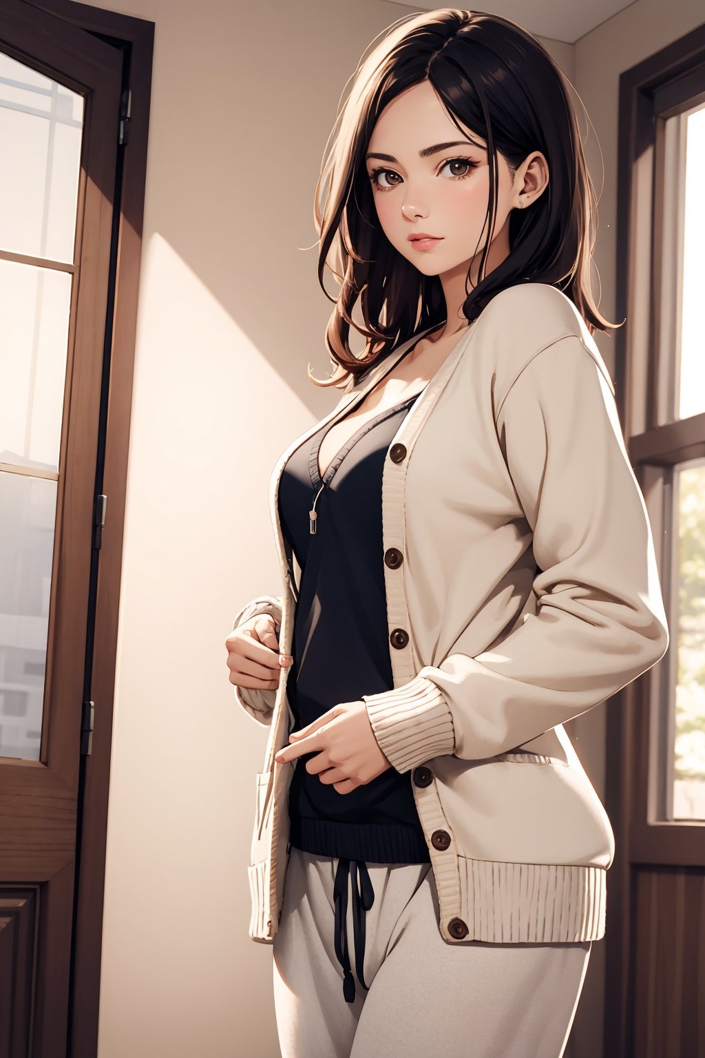 masterpiece, ultra high res, absurdres, photo realistic, In the early morning, a housewife in her thirties, (natural face), (small breast), (a slender waist that curves gracefully from her hips to her ribs:0.4), (puts on a cardigan over her sweatshirt and sweatpants ), (leaning forward:0.6), 
