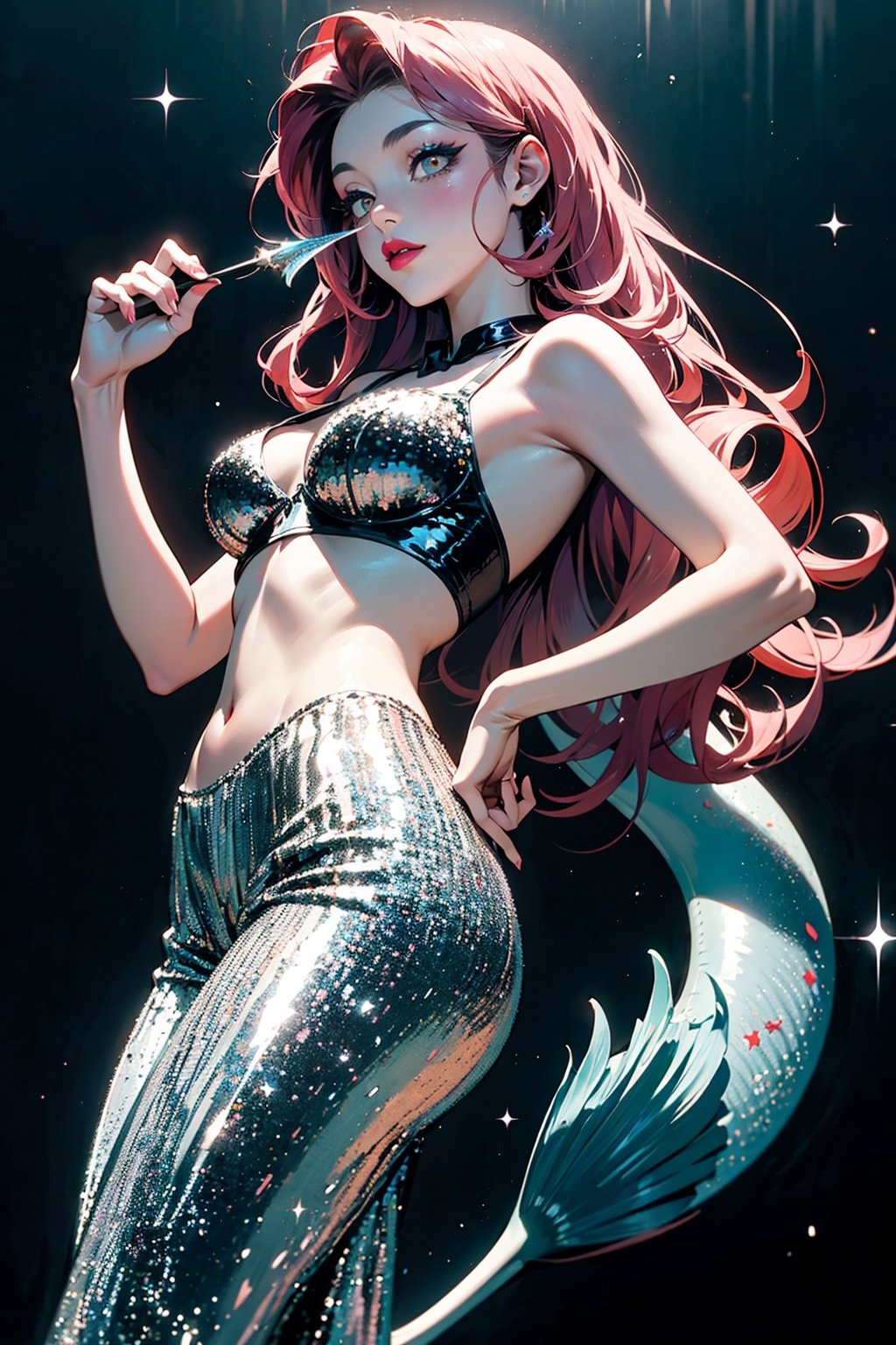 (Cinematic Aesthetic:1.4) Photo of a beautiful Japanese fashion model , for  Halloween party,
she chooses to dress up as Ariel from 'The Little Mermaid', she will wear  (a sequin tail:1.2 ) and (a bra top ) . She will also apply some glittery mermaid makeup, such as blue eyeshadow, pink lipstick, and some star stickers. She will look like the popular Disney character.  