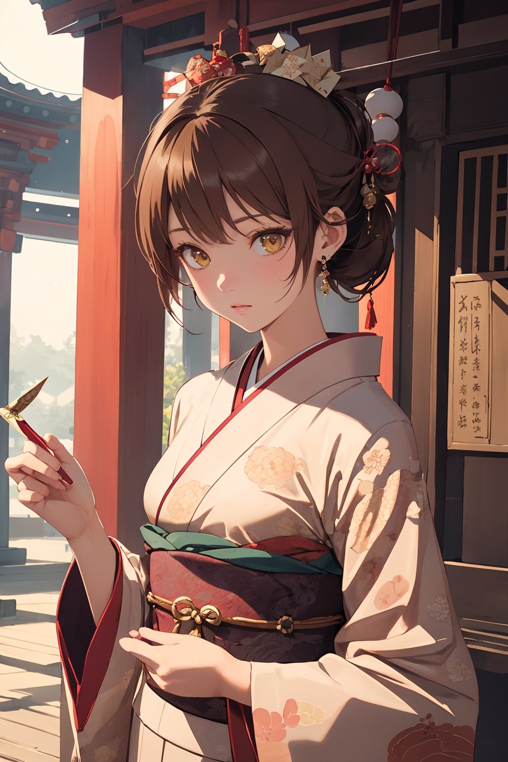 A Ultra realistic, a stunningly girl in (Pine and plum  pattern kimono:0.9), ornaments, flirting, filigree, colorful, sparkels, highlights, digital art, masterwork, brown hair, (draw a paper fortune at a shrine) , amber eyes, chignon, bright theme, soothing tones, muted colors, high contrast, (natural skin texture, hyperrealism, soft light, sharp), 