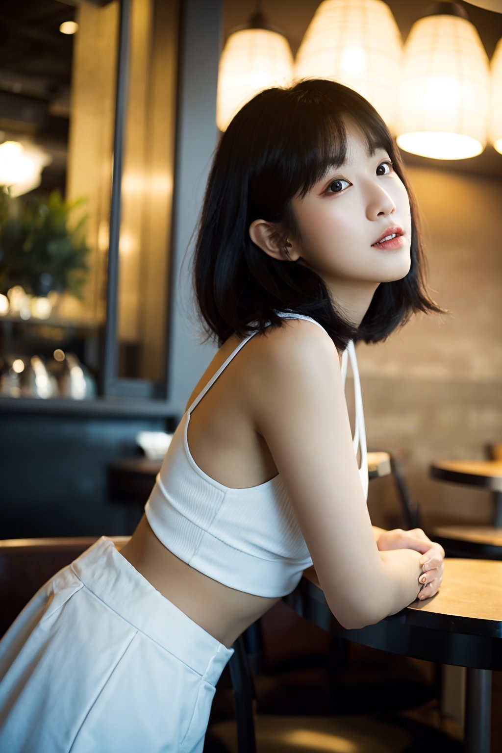 photo of a Beautiful woman,  detailed defined body,small breasts,short hair,
looking at viewer, eyeshadow, BREAK, (a tuck-in wide white pants )  ,BREAK, dutch angle, At a café on the street in Roppongi.,BREAK, best quality,masterpiece,ultra high res,(photo realistic:1.4),Cinematic,35mm lens,f/ 1. 8,accent lighting,8k,