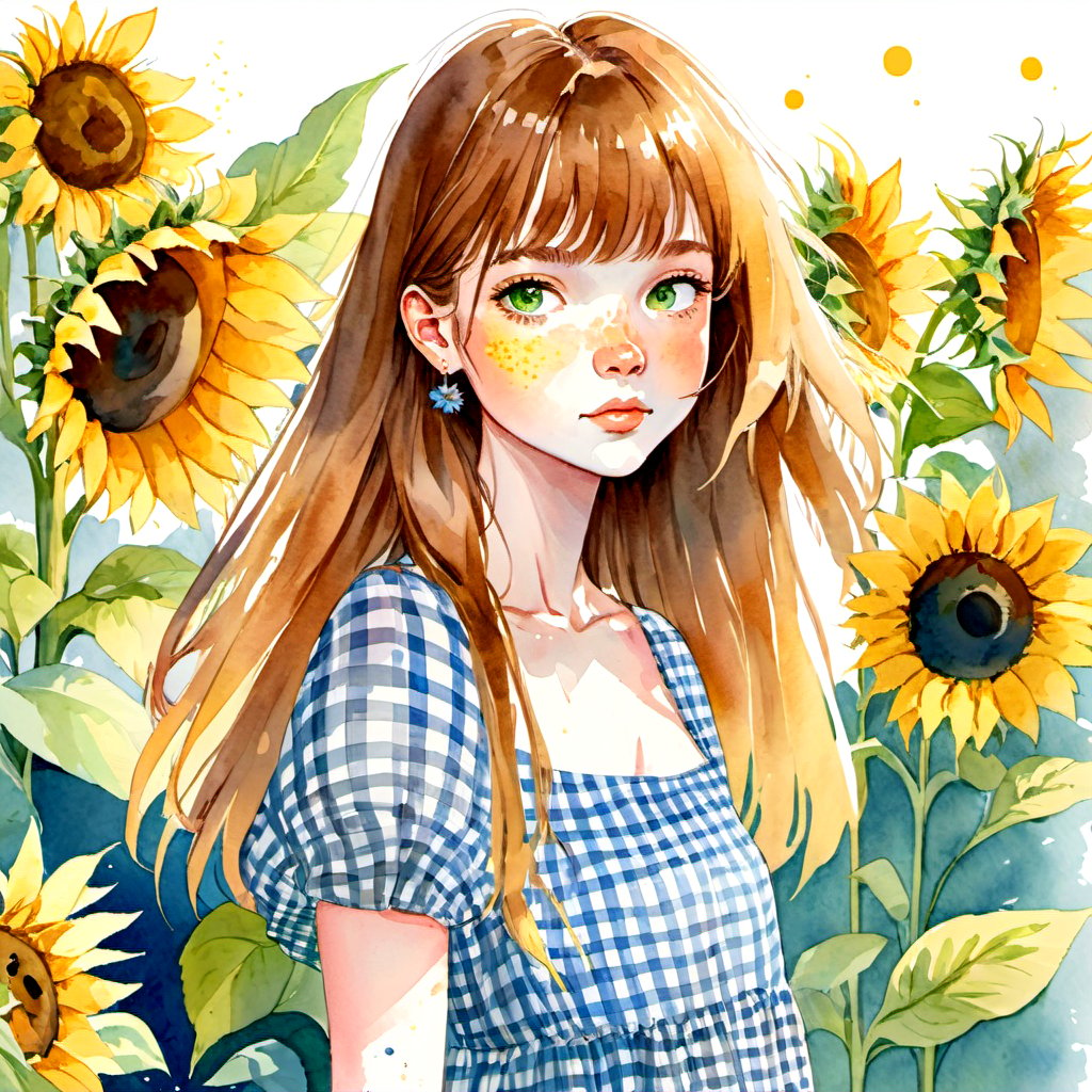 (watercolor:1.4), illustration, 1girl, solo, blue linen check dress for summer of ZARA, flower, sunflower,freckles, portrait, leaf, bangs, signature, yellow flower, brown hair, long hair, green eyes, hair between eyes, flower earrings, sun shine