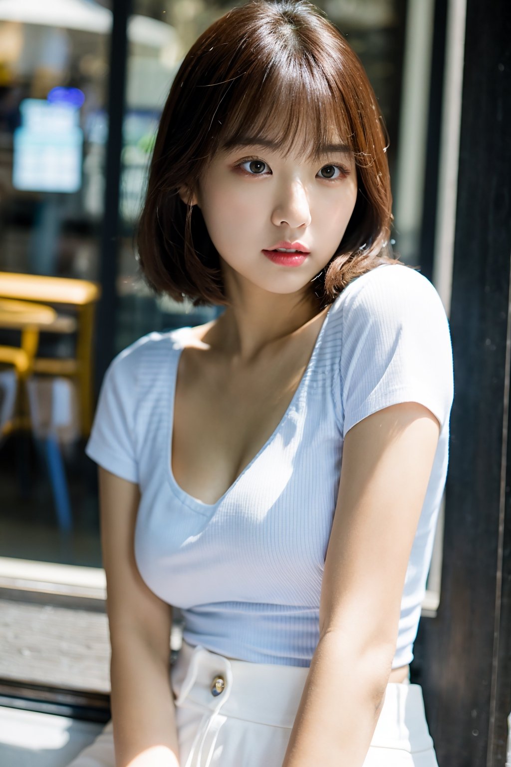 photo of a Beautiful korean woman,  detailed defined body,small breasts,short hair,
looking at viewer, eyeshadow, BREAK, (a tuck-in wide white pants )  ,BREAK, dutch angle, At a café on the street in Roppongi.,BREAK, best quality,masterpiece,ultra high res,(photo realistic:1.4),Cinematic,35mm lens,f/ 1. 8,accent lighting,8k,