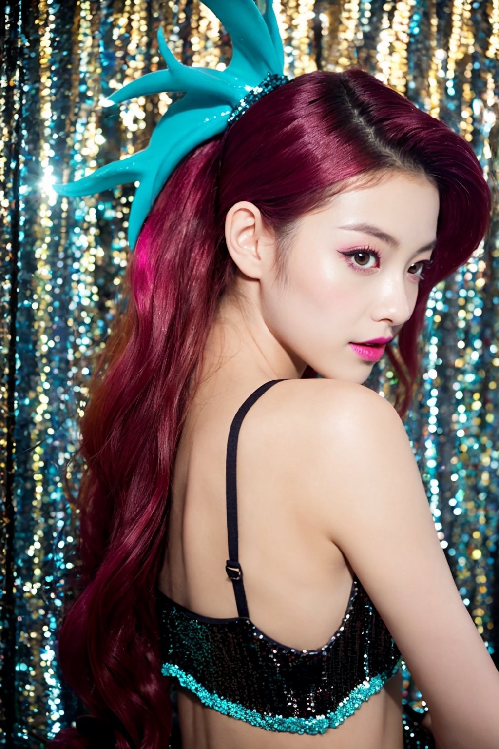 (Cinematic Aesthetic:1.4) Photo of a beautiful Japanese fashion model , for  Halloween party,
she chooses to dress up as Ariel from 'The Little Mermaid', she will wear  (a sequin tail:1.2 ) and (a bra top ) . She will also apply some glittery mermaid makeup, such as blue eyeshadow, pink lipstick, and some star stickers. She will look like the popular Disney character.  