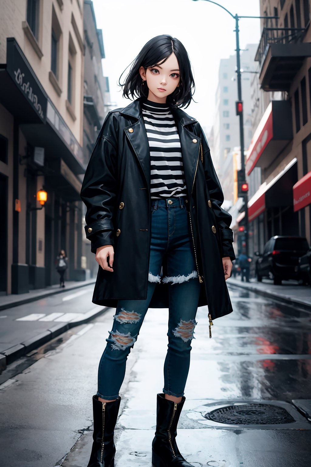 masterpiece, ultra high res, absurdres, (photo realistic),
A young female fashion model, armond eyes, BREAK,
gradient hair, Loose Topsy-Tail,BREAK,
(early spring fashion:1.2),
She looks cool and urban in her grey coat, striped shirt, black jeans, and lug sole boots. Her coat has some distressed details and an oversized fit that give it an edgy vibe. Her shirt is blue and white striped, adding some freshness to her look. Her boots are combat-style and add some contrast to her outfit. She is ready to hit the streets with confidence.
(dynamic pose:0.7),
simple background,dutch angle,