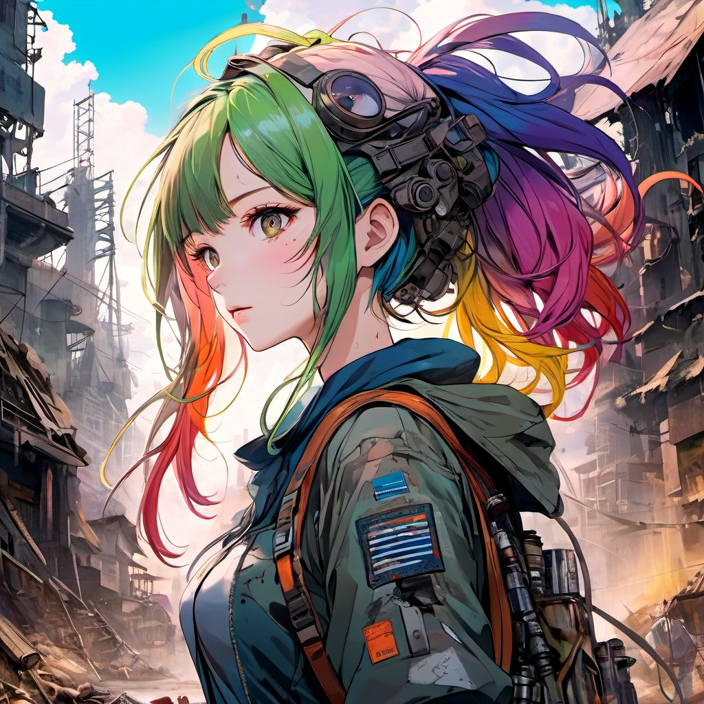 anime,(masterpiece, top quality, best quality, official art, beautiful and aesthetic:1.2), (1girl), upper body,extreme detailed,(post apocalyptic:1.3),colorful,highest detailed,