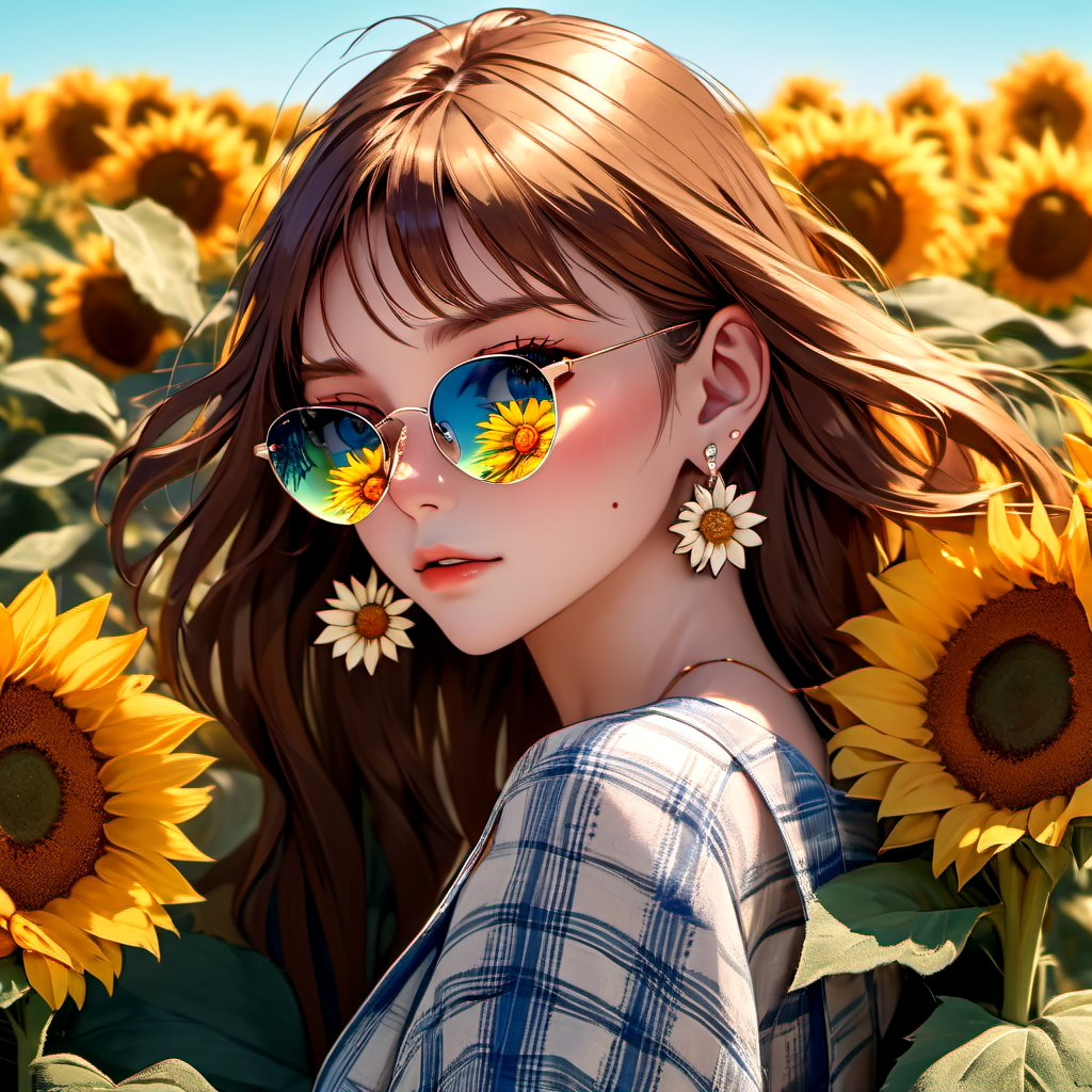masterpiece, best quality, 8k, RAW photo, realistic, (sole_female), 22yo, solo, (blue linen check dress for summer of ZARA), white baket bag, 
 espadrilles, red sunglasses, earings, flower, (sunflower),freckles, full body,  leaf, bangs, signature, yellow flower, brown hair, long hair, green eyes, detailed eyes, hair between eyes, flower earrings, sun shine,from above