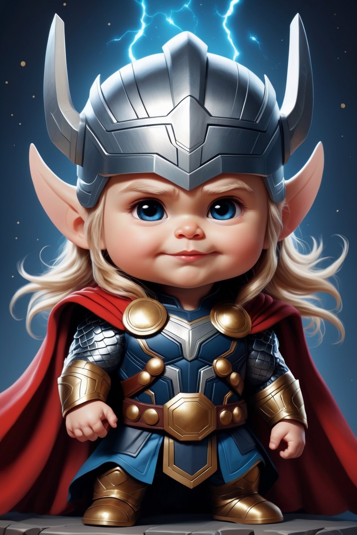 Cute adorable super héroes thor baby , symmetrical hyper detailed, cartoon character magic highly detailed digital painting well rendered matte fantasy painting, kawaii chibi, hyper realistic, intricate detail