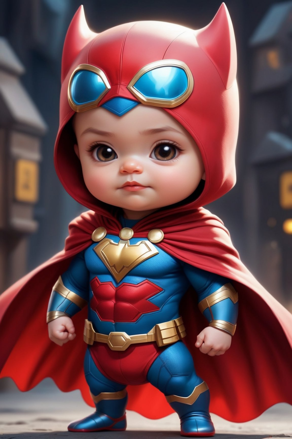 Cute adorable super hero baby , symmetrical hyper detailed, cartoon character magic highly detailed digital painting well rendered matte fantasy painting, kawaii chibi, hyper realistic, intricate detail