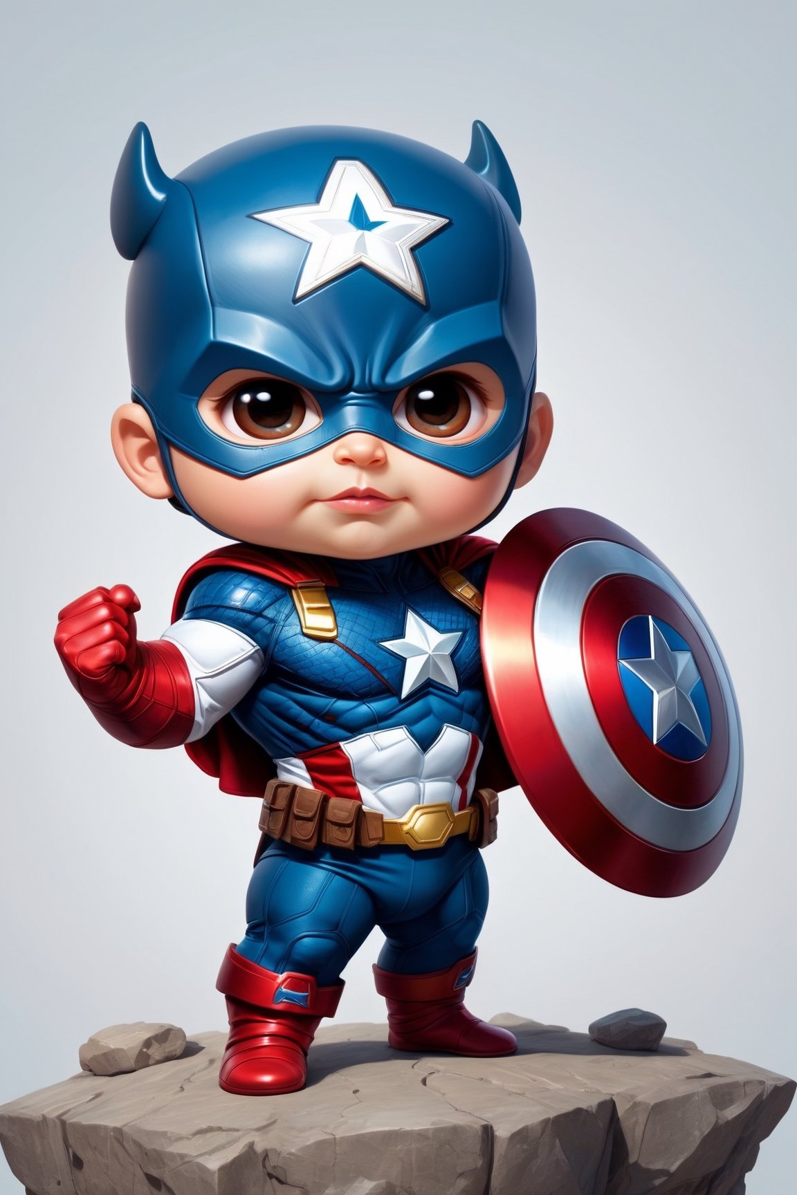 Cute adorable super hero capitán América baby , symmetrical hyper detailed, cartoon character magic highly detailed digital painting well rendered matte fantasy painting, kawaii chibi, hyper realistic, intricate detail