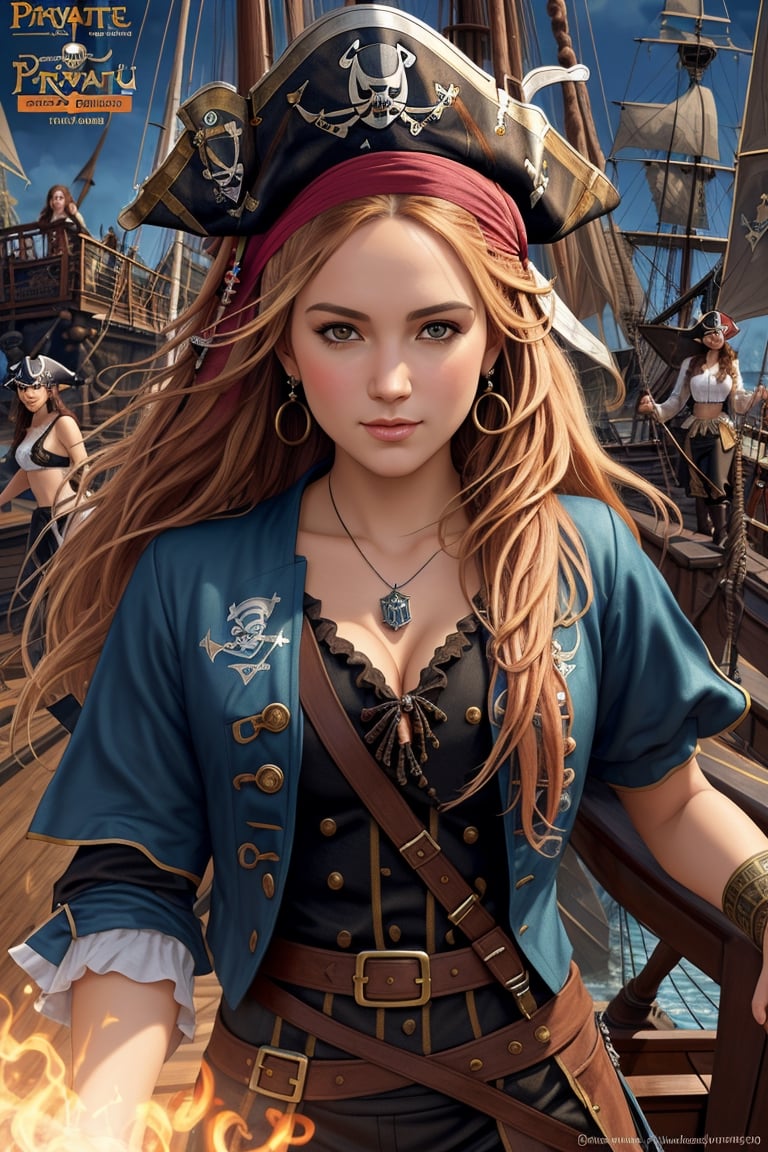 Danielle van de Donk, full body potrait of a photorealistic beautiful woman, (aboard a pirate ship:1.50), intense coloration fantasy, light hair, a stunning realistic photograph 20 years , random colored hair,  (multiple women pirates dancing together:1.3), random color eyes, full body, cover, hyperdetailed painting, luminism, octane render, Bar lighting,  complex, 8k resolution concept art portrait by Martina Fačková and Prywinko Art, Artgerm, WLOP, Alphonse Mucha, Tony Taka, fractal isometrics details, photorealistic face, hypereallistic cover photo awesome full color, hand drawn, bright, gritty, realistic color scheme, davinci, .12k, intricate. hit definition , Beethoven, cinematic,Rough sketch, mix of bold dark lines and loose lines, bold lines, on paper , real life human,3d style