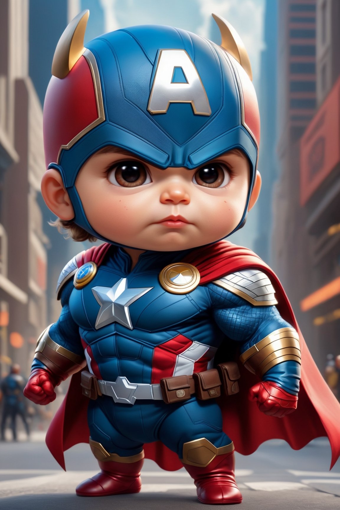 Cute adorable super hero capitán América baby , symmetrical hyper detailed, cartoon character magic highly detailed digital painting well rendered matte fantasy painting, kawaii chibi, hyper realistic, intricate detail