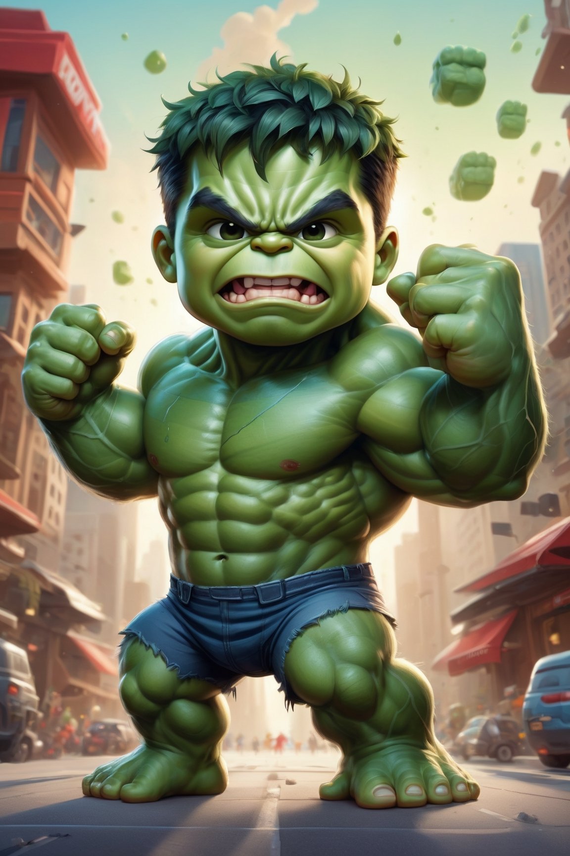 Cute adorable super hero Hulk baby , symmetrical hyper detailed, cartoon character magic highly detailed digital painting well rendered matte fantasy painting, kawaii chibi, hyper realistic, intricate detail