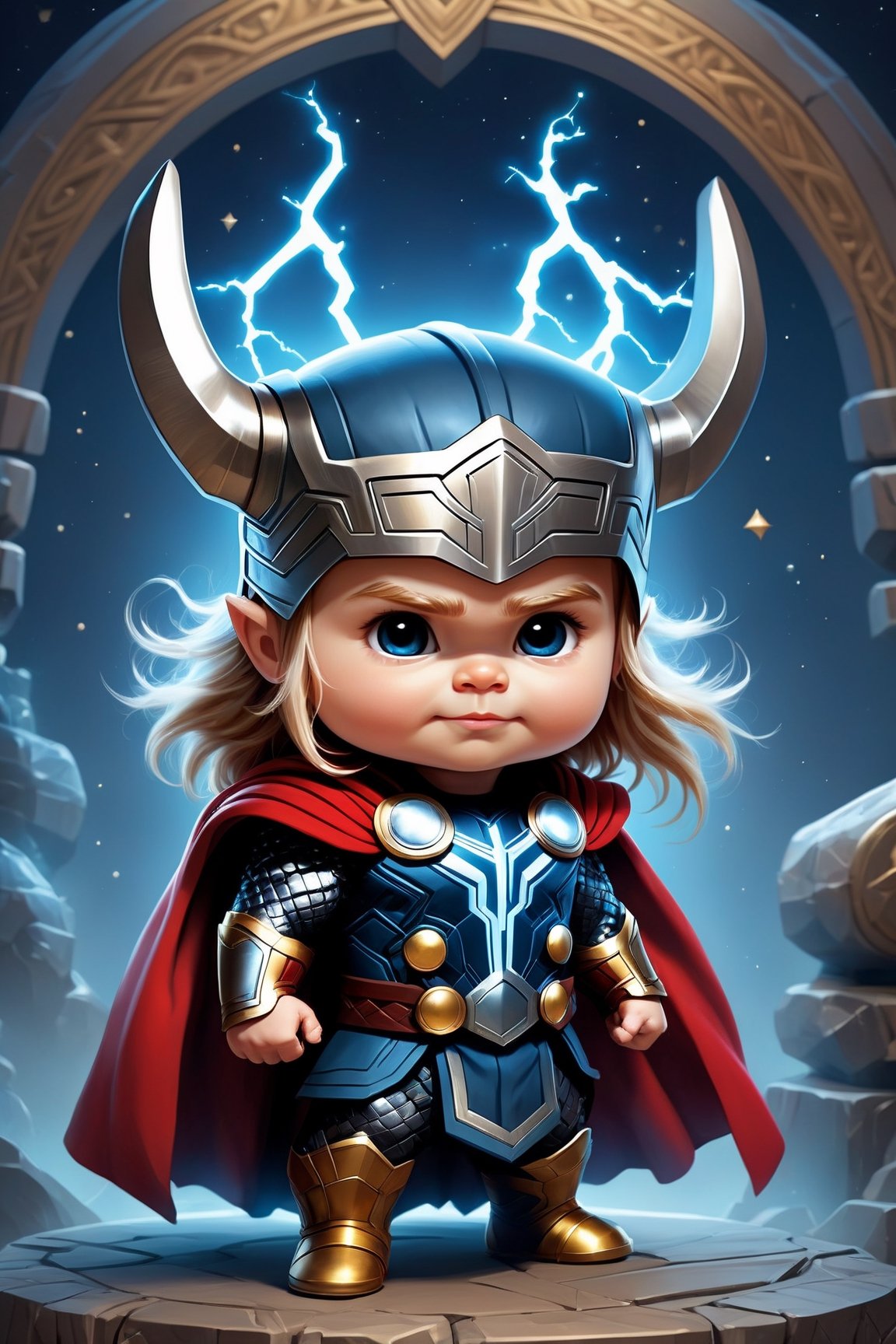 Cute adorable super héroes thor baby , symmetrical hyper detailed, cartoon character magic highly detailed digital painting well rendered matte fantasy painting, kawaii chibi, hyper realistic, intricate detail