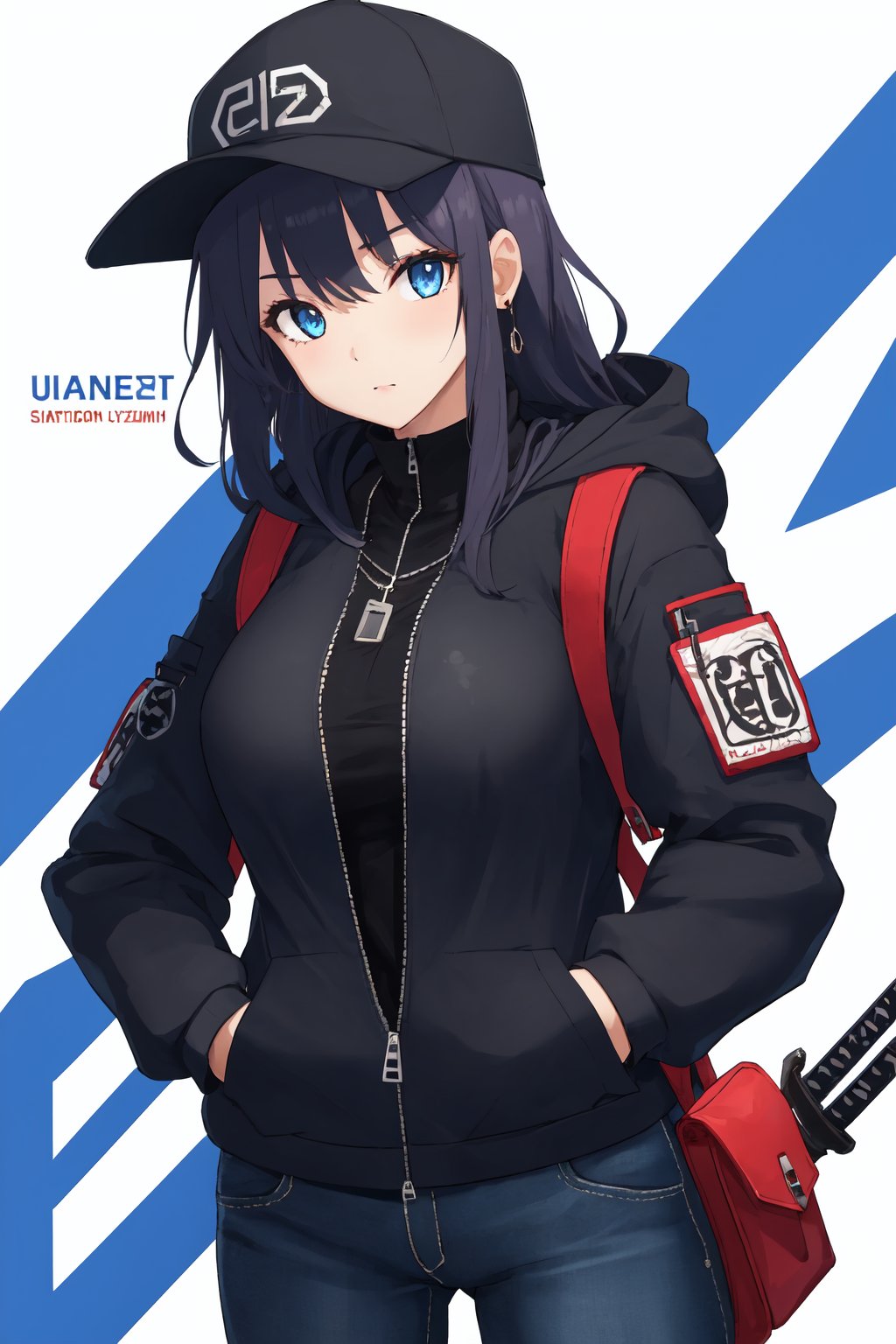 1girl, female_solo, jewelry, sling backpack, hoodie, hood, baseball snapback, 
 weapon, weapon holster, sling bag, looking at viewer, hands in pockets, sword, bomber jacket,long sleeves, alternate costume, character name, zippers, ropes, holster, layered outfit, buckle, necklace, layered jacket, ammo belts, techno wear, unzip jacket, simple background, white background,blacklight, long_hairhair, big_breast