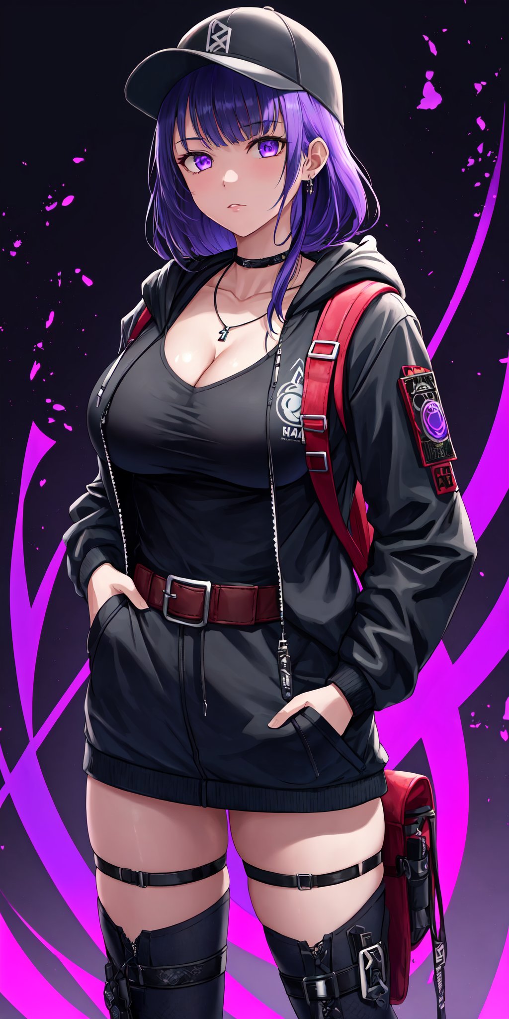 1girl, female_solo, jewelry, sling backpack, hoodie, hood, baseball snapback, weapon, weapon holster, sling bag, looking at viewer, one hands in pockets, sword, bomber jacket, fade hair, long sleeves, japanese text, alternate costume, solid dark gray background, ropes, holster, layered outfit, buckle, necklace, layered jacket, ammo belts, techno wear, unzip jacket, dark background, cyberpunk logo on background,blacklight,raidenshogundef, big_breast, cleavage
