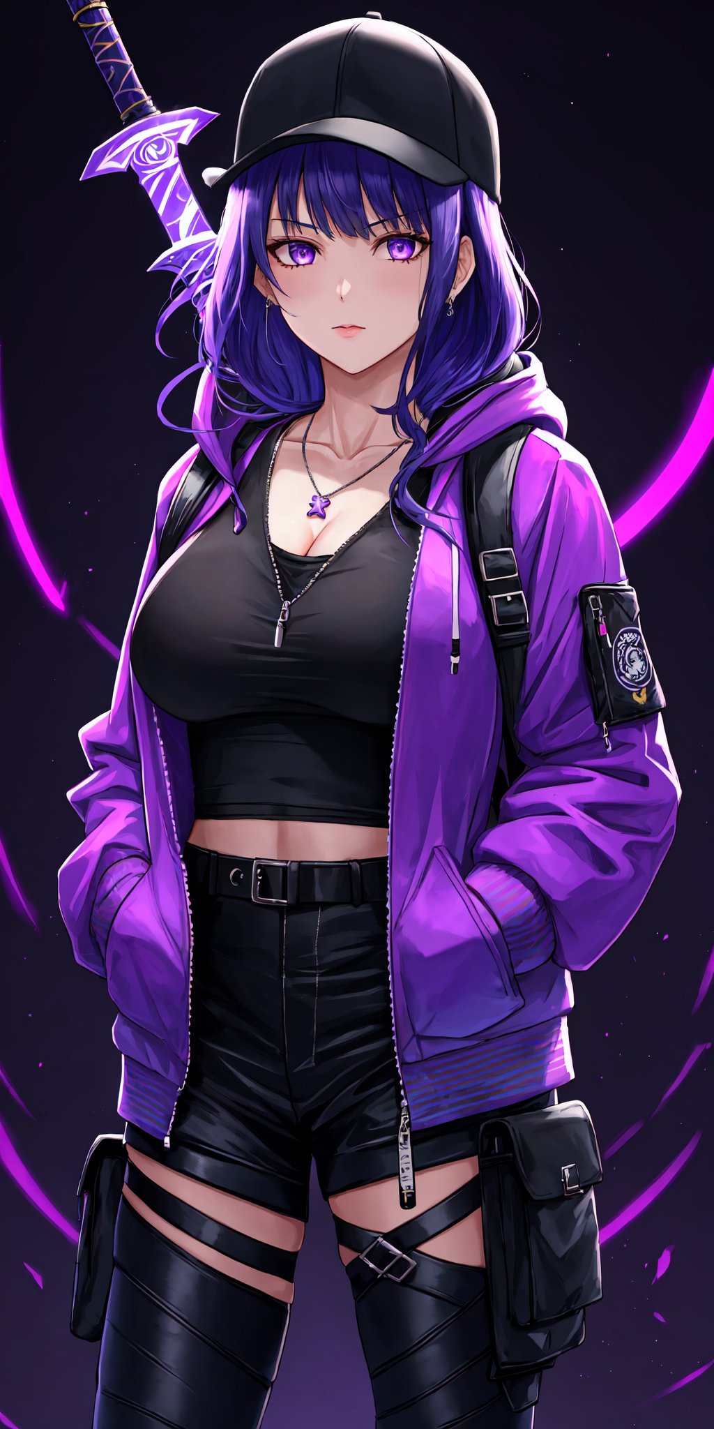 1girl, female_solo, jewelry, sling backpack, hoodie, hood, baseball snapback, weapon, weapon holster, sling bag, looking at viewer, hands in pockets, sword, bomber jacket, fade hair, long sleeves, japanese text, alternate costume, solid dark gray background, ropes, holster, layered outfit, buckle, necklace, layered jacket, ammo belts, techno wear, unzip jacket, dark background, cyberpunk logo on background,blacklight,raidenshogundef, big_breast