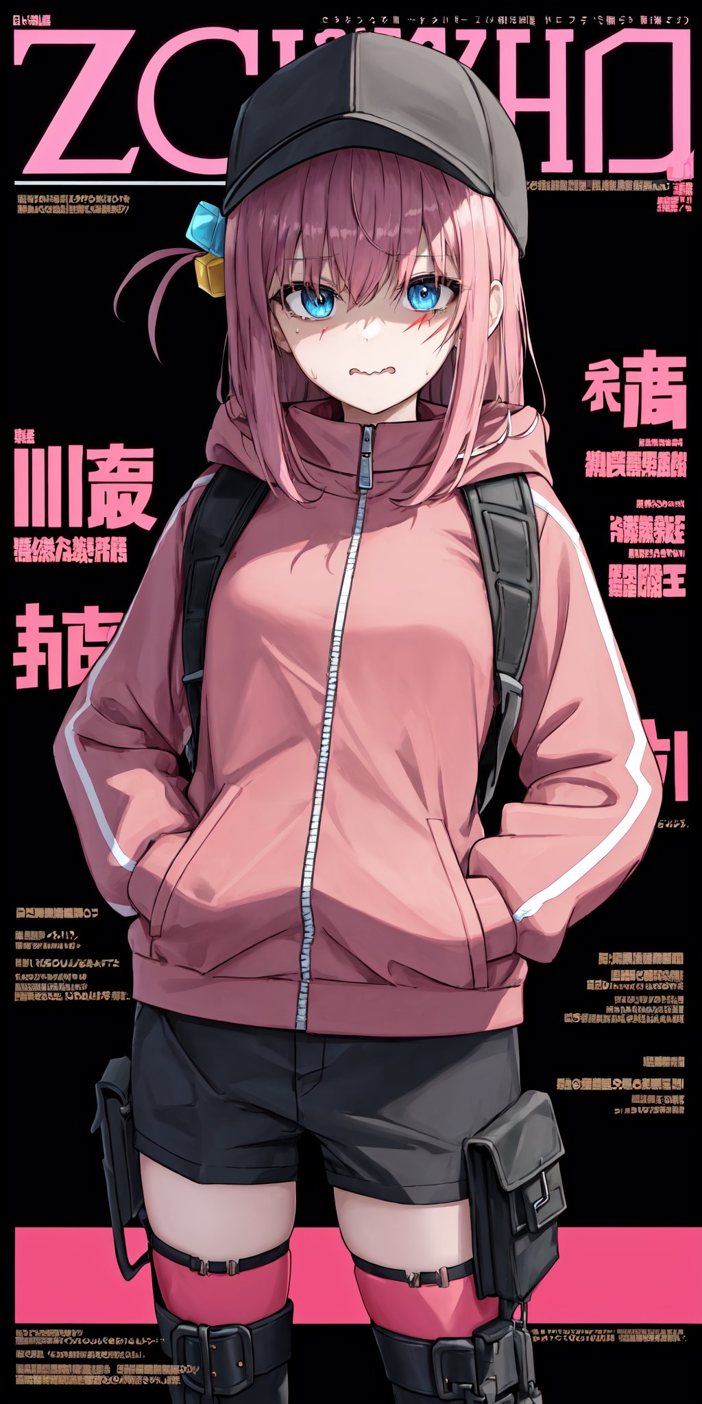 zoo v1.0Defaults17Style, (magazine cover, japanese text:1.3), 1girl, female_solo, jewelry, sling backpack, hoodie, hood, baseball snapback, scar on face, weapon, weapon holster, sling bag, looking at viewer, hands in pockets, sword, bomber jacket, long sleeves, japanese text, alternate costume, character name, solid dark gray background with english texts, zippers, ropes, holster, layered outfit, buckle, necklace, layered jacket, ammo belts, techno wear, unzip jacket, dark background, cyberpunk logo on background,Sadako, masterpiece, detailed, high quality, absurdres, ,blacklight,gotou1, masterpiece, best quality, highres, gotou1, gotou hitori, solo, pink jacket, track jacket, bangs, hair, long sleeves, upper_body, wavy mouth, sweatdrop,
