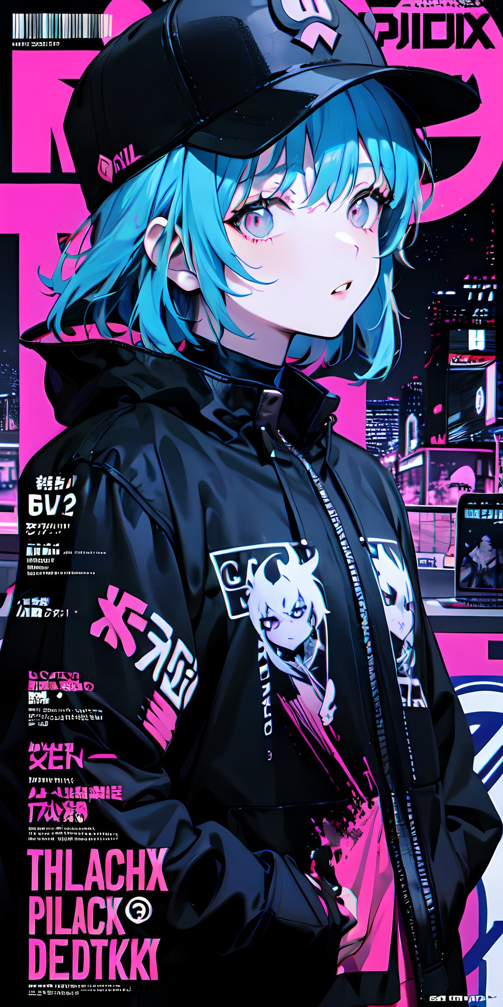 a close up of a person in a black jacket and a hat, trending on artstation pixiv, modern cyberpunk anime, artwork in the style of guweiz, digital cyberpunk - anime art, trending on pixiv, digital cyberpunk anime!!, cyberpunk art style, cyberpunk streetwear, digital cyberpunk anime art, anime cyberpunk art, modern anime style ,blacklight, (((magazine cover)))