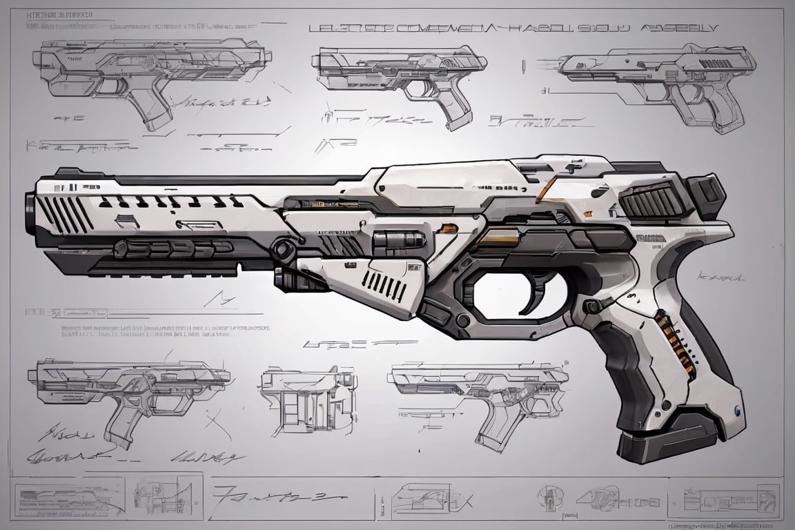 board with a detailed assembly instruction of a futuristic handgun, written descriptions, arrows and sketches