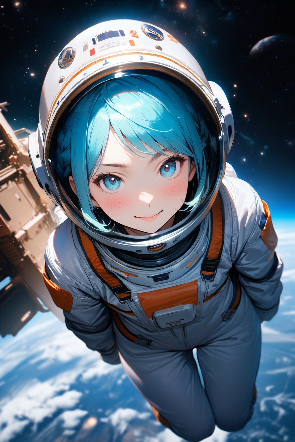 1girl, tight, floating, full body, (masterpiece, best quality:1.5), (photorealistic:1.3), alone, blushing, braid hair, looking at viewer, happy face, :), wispy bangs, gradient blue eyes, aqua hair, spacesuit, space helmet, hair into helmet, space, background earth view from space,  white spacesuit.