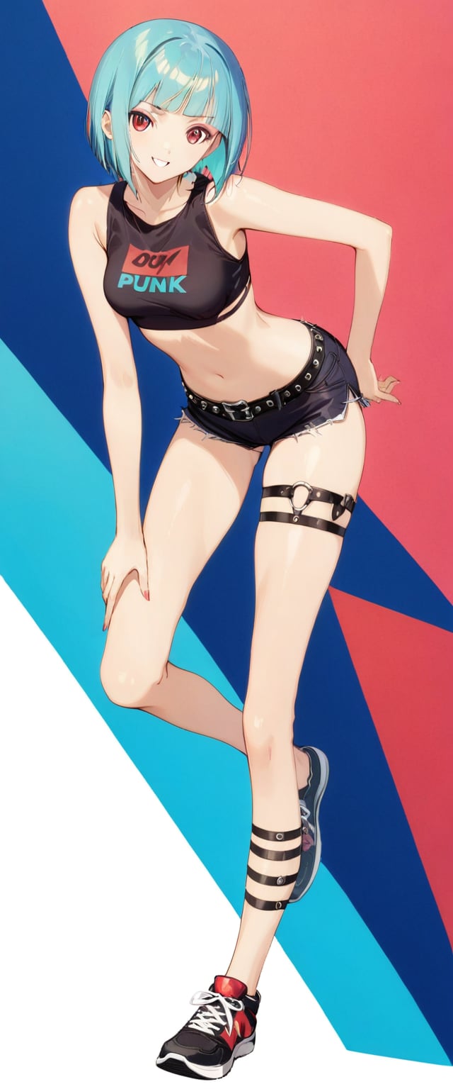 1girl, solo, full body, standing, tall, masterpiece, best quality, very aesthetic, short hair, happy face, crop top, diagonal bangs, red eyes, blue hair, medium breasts, black microshorts, punk belt, sneakers, thigh strap (only on right leg, loose), aqua inner hair, Visual_Illustration,