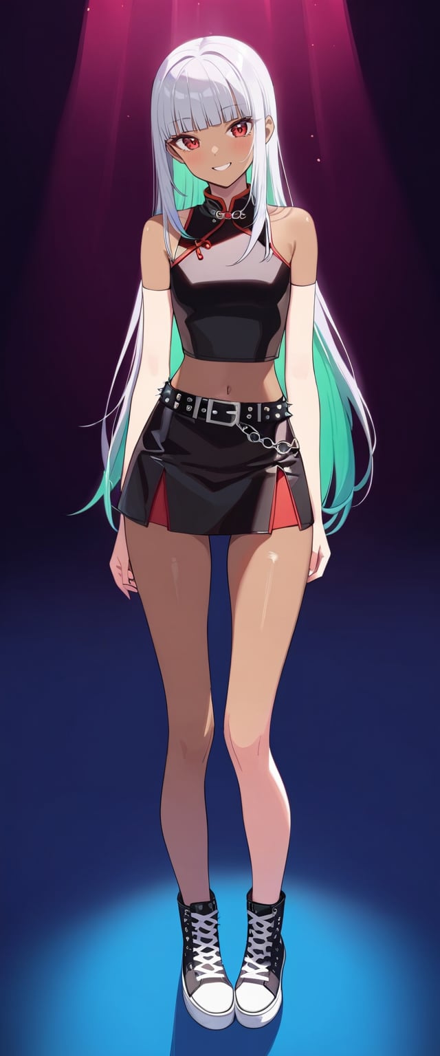 1girl, solo, standing, full body, tall, long hair, silver hair, emerald inner hair, diagonal bangs, red eyes, happy face, blushing, brown skin, qipao crop top, bare shoulders, micro skirt, punk belt, sneakers boots, thigh gap, bare legs, tight, very aesthetic, masterpiece, best quality, anime black line, txznmec, m3, 