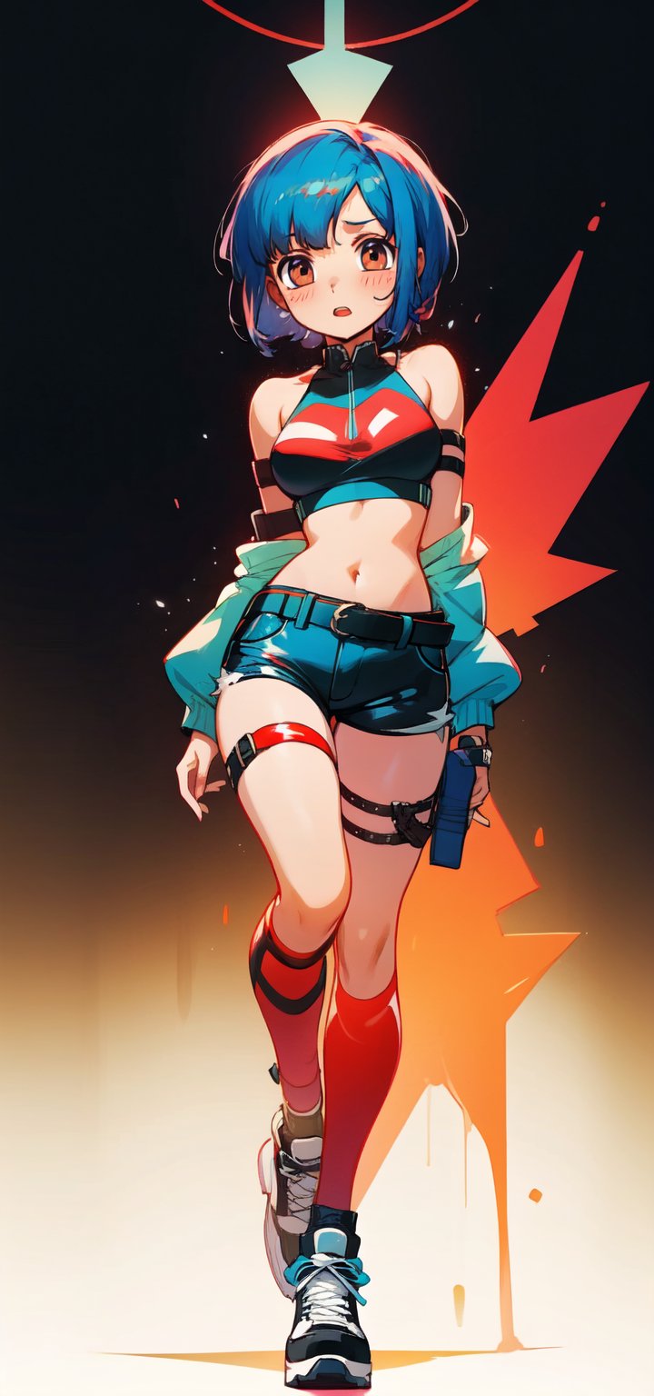 1girl, full body, standing, tall, tight, front view, masterpiece, very aesthetic, 4k, alone, short hair, blushing, happy face, crop top, diagonal bangs, gradient red eyes, blue hair, top medium breasts, bare shoulders, navel, sexy waist, black micro shorts, punk belt, sneakers, thigh gap, thigh strap (only on right leg, loose), latex clothes.