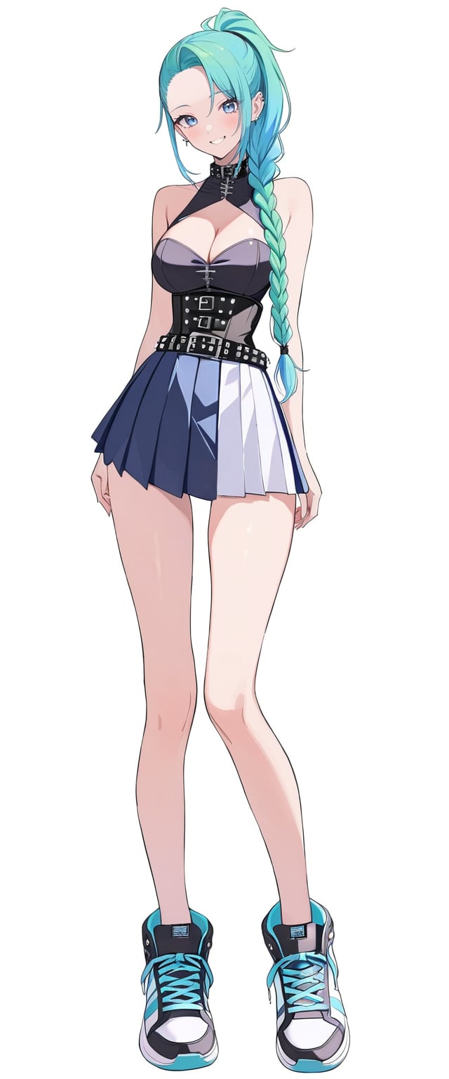 1girl, solo, full body, standing, tall, tight, front view, masterpiece, very aesthetic, very long braided ponytail, blushing, happy face, corset, top breasts, cleavage cutout, asymmetrical bangs, gradient blue eyes, aquamarine hair, bare shoulders, pleated skirt, punk belt, sneakers, thigh gap, green glitter inner hair, cross-legged pose, anime black line, txznmec, m3, 