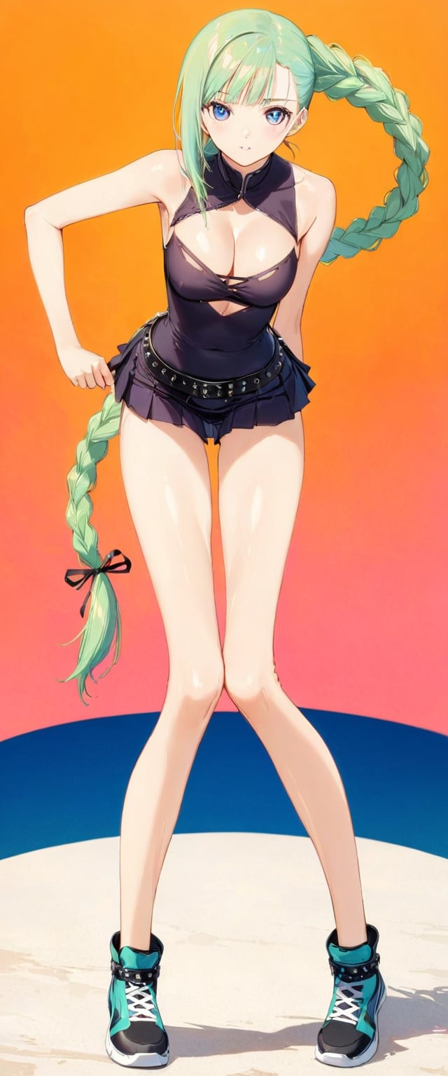 1girl, solo, full body, standing, tall, tight, front view, masterpiece, very aesthetic, very long braided ponytail, blushing, happy face, corset, breasts, cleavage cutout, asymmetrical bangs, gradient blue eyes, aquamarine hair, breasts, bare shoulders, pleated skirt, punk belt, sneakers, thigh gap, sports knee pad (left leg only), green inner hair, Visual_Illustration, Long Legs and Hot Body