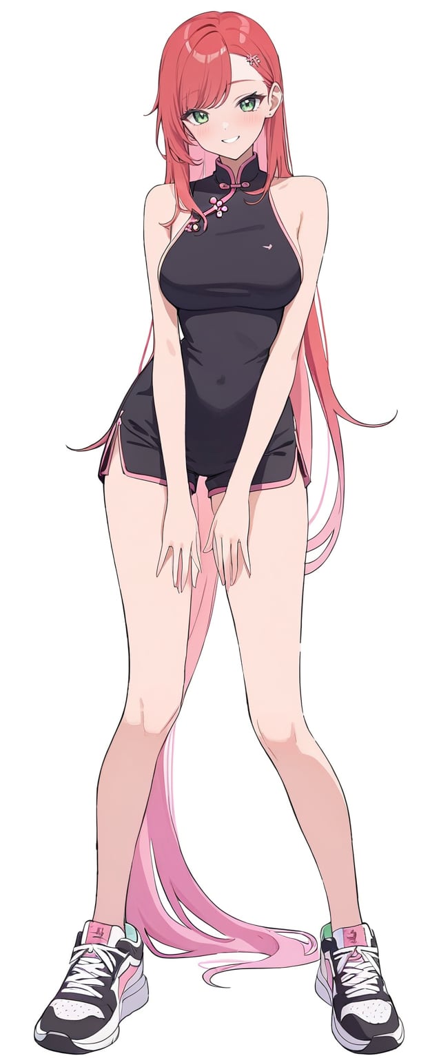 1girl, solo, full body, standing, tall, masterpiece, very aesthetic, very long hair, blushing, happy face, pink qipao, swept bangs, gradient green eyes, red hair, top breasts, bare shoulders, black shorts, sideboobs, sneakers, thigh gap, pink glitter inner hair, cross-legged pose, anime black line, txznmec, m3, 