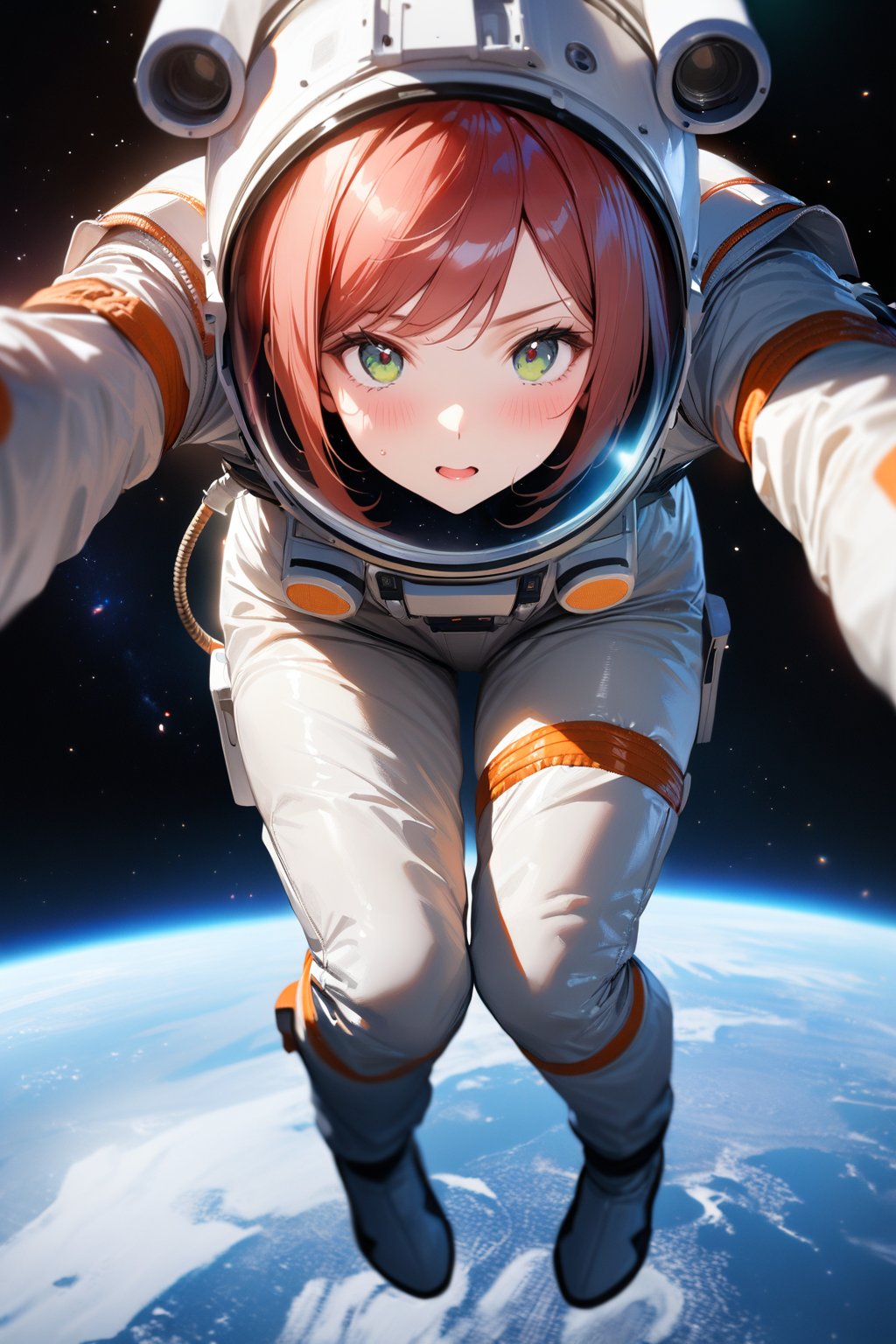 1girl, tight, floating, full body, (masterpiece, best quality:1.5), (photorealistic:1.3), alone, blushing, looking at viewer, happy face, :), swept bangs, gradient greeneyes, red hair, spacesuit, space helmet, hair into helmet, space, background earth view from space,  white spacesuit.