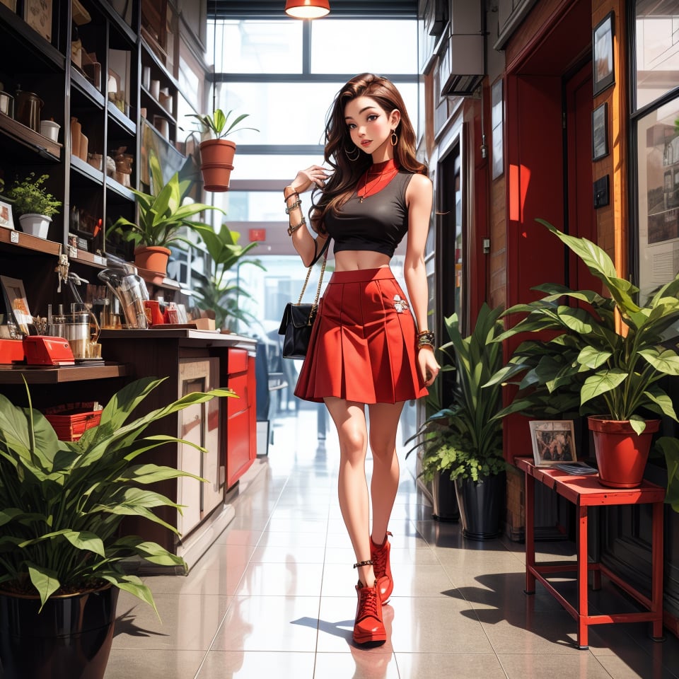 1girl, solo, long hair, red skirt, brown hair, black hair, holding, jewelry, standing, full body, shoes, sleeveless, indoors, hand up, bag, bracelet, crop top, plant, denim, red footwear, red shirt, long skirt, watch, handbag, wristwatch, potted plant, wide shot, photo background, sexy