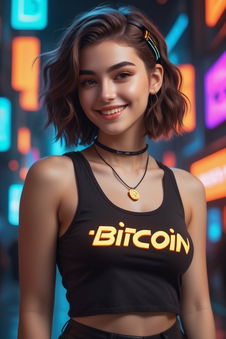  Gamer girl with wavy brown hair and brown eyes, big smile, streaming montage with neon cyberpunk and lofi colours, thick brushstrokes. She wears a black tank top,  bitcoin logo in orange, sensual attitude. make_3d , streaming montage with neon cyberpunk and lofi colours, thick brushstrokes.  