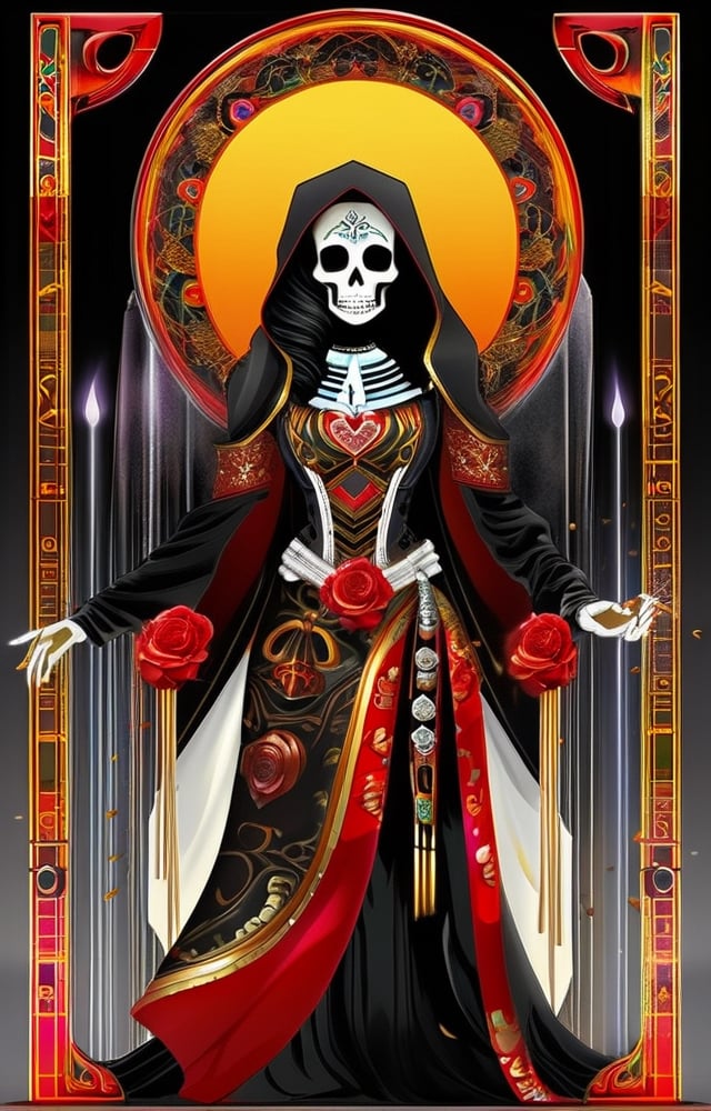 Design a unique and striking representation of Santa Muerte that captures her mystical essence and power. Use vibrant colors and intricate details to create a work of digital art that inspires a deep sense of respect and fascination for this iconic figure of Mexican culture. ",HellAI,monster,fire,skull, lethal geisha cyborg assassin wearing hooded kimono & armor, danger, red-yellow sky, post apocalyptic art, neon horror, sci-fi, glitchcore, cgsociety, modern european ink painting, androgynous, mixed media, dystopian art, black and Neon cosmic art, analog horror, nightmarefuel, space punk, glitchcore, hauntingly beautiful, beautifully ominous. A world class female cyborg in stunning HD, world class art, unique, modern masterpiece, exceptional, exquisite, dark fantasy, apocalypse art, calotype