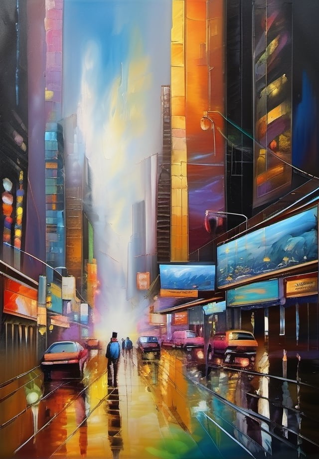 In a mesmerizing time lapse oil painting of colossal proportions, the vivid colors burst forth like the dreams of a neon-lit city. The main subject of this remarkable artwork is a bustling cityscape, awash with vibrant hues that seem to dance and intertwine. From the gleaming skyscrapers to the bustling streets below, every brushstroke is filled with an intoxicating array of vivid pigments. The image is rich in detail, capturing the energy and vibrancy of a pulsating metropolis, and is rendered with such impeccable skill that one can almost feel the electricity in the air. This magnificent painting exudes a sense of liveliness and spectacle, immersing viewers in a world where imagination and reality seamlessly intertwine.