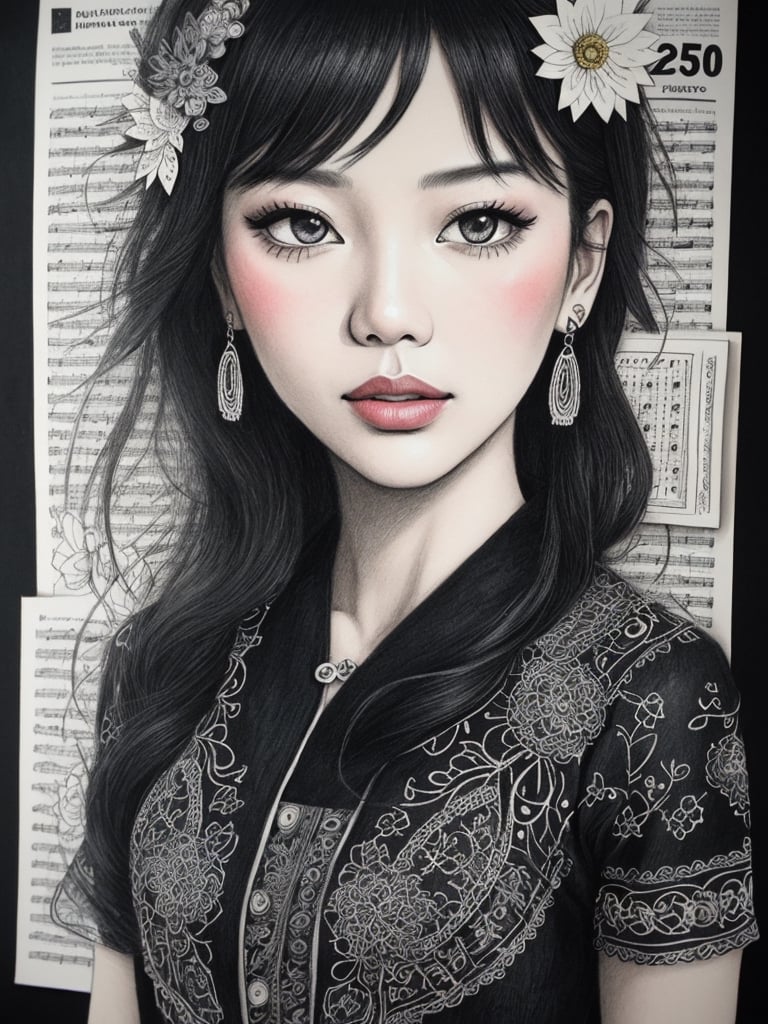 Charcoal drawing illustration collage, marker drawing portrait of a Vietnamese woman on collage of book pages, magazine headlines cutouts, musical notation paper scraps, by Peterdraws, flowerpunk, boho styled fabrics, intricate, buttons, wirework jewelry, by Loui Jover