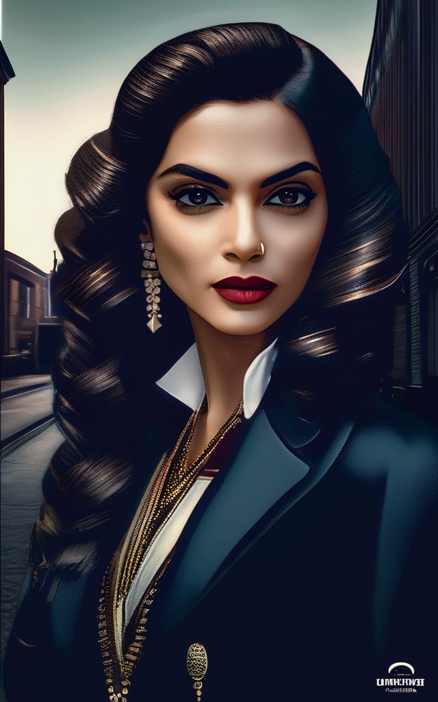 a hyper realistic ultra detailed photograph of a beautiful Deepika Padukone as a female 1900s mafia gangster on the street of 1900s Birmingham, detailed symmetric beautiful hazel eyes, detailed gorgeous face, peaky blinders environemt, polaroid style vintage photograph, trending on cg society, bauhaus, bulgari, beige and dark atmosphere, official valentino editorial, moonlight, medium symmetry, neoprene, behance contest winner, portrait featured on unsplash, stylized digital art, smooth, ultra high definition, 8k, unreal engine 5, ultra sharp focus, award-winning photograph, Canon EOS 5D Mark IV DSLR, f/8, ISO 100, 1/250 second, TanvirTamim, trending on artstation, by artgerm, h. r. giger and beksinski, highly detailed, vibrant