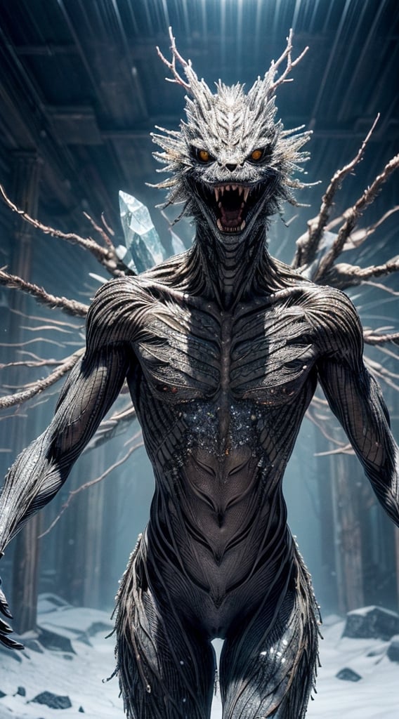 In a bewildering dystopian crystal crawler, a creature with an intricate body made entirely of shimmering crystalline structures navigates through a desolate landscape. The portrait panoramic photograph portrays this otherworldly being in exquisite detail, capturing every facet of its translucent body that refracts light with an ethereal glow. The image showcases the creature's multi-jointed limbs gracefully skimming the ground, an eerie contrast to its jagged and fragmented appearance. The high-resolution capture allows viewers to appreciate the astonishing craftsmanship of the crystals, conveying a sense of enchantment despite the post-apocalyptic aura that surrounds the scene.