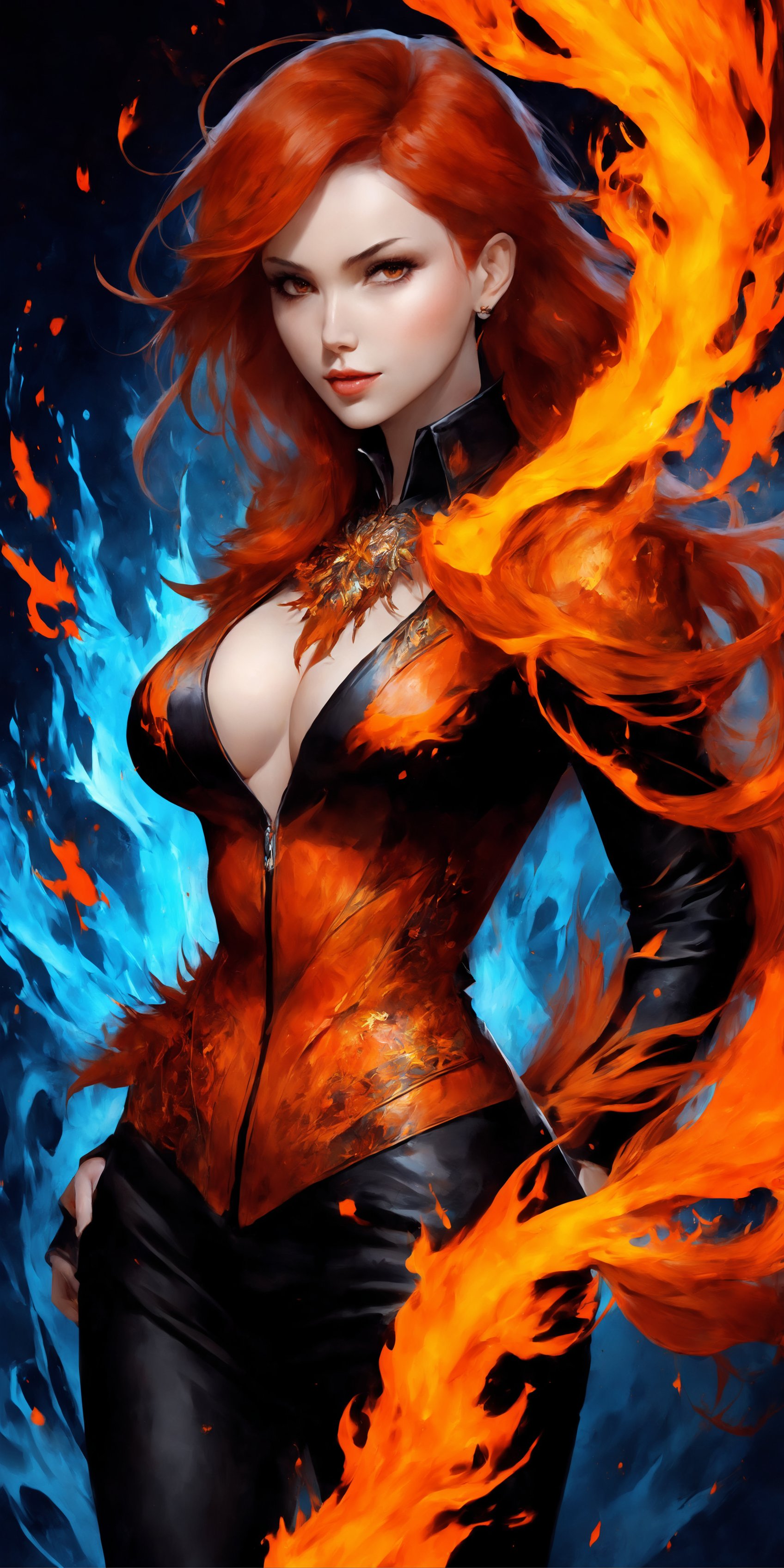 a half body portrait of a woman as made of fire, dark orange hair depicting like fiery flames,((big breasts)) orange and blue flame, dark smoke in the backgrouns, fiery sparks all over, D&D, Diablo, natural body posture, lava, Art by Alberto Seveso, by Carne Griffiths, by Wadim Kashin, by jean baptiste monge, symmetrical, abstract artstyle, intricate complex watercolor painting, sharp eyes, digital painting, color explosion, concept art, voluminetric lighting, metallic reflections, by TanvirTamim, 2d render, 8k. by artgerm, trending on artstation