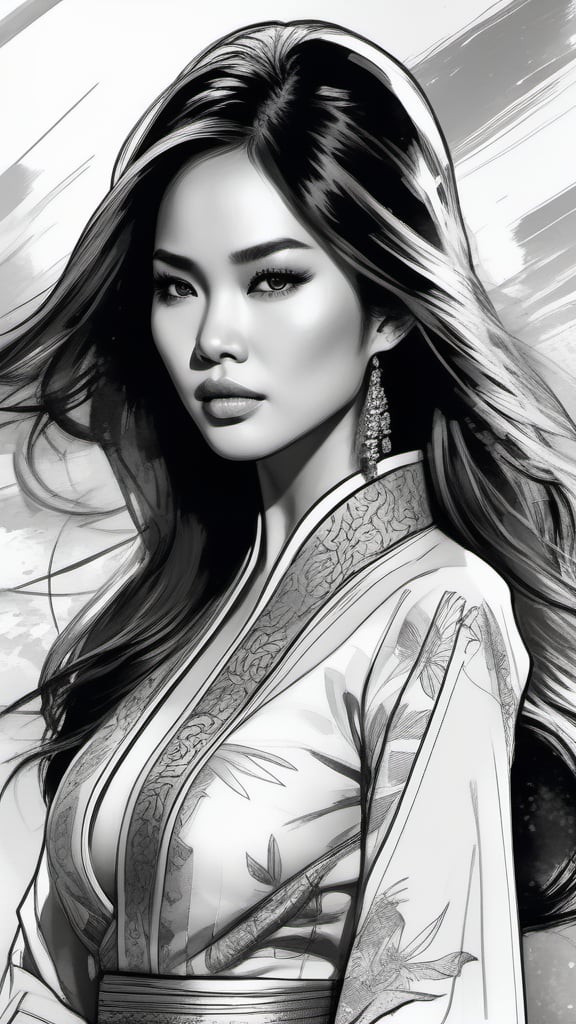 Ink drawing of Vietnamese superheroine, moden ao Dai, full body, Peter Draws, digital illustration, comic style, Dong Son drum patterns background, black and white contrast.perfect anatomy, centered, dynamic, highly detailed, watercolor painting, artstation, concept art, smooth, sharp focus, illustration, art by Carne Griffiths and Wadim Kashin ,