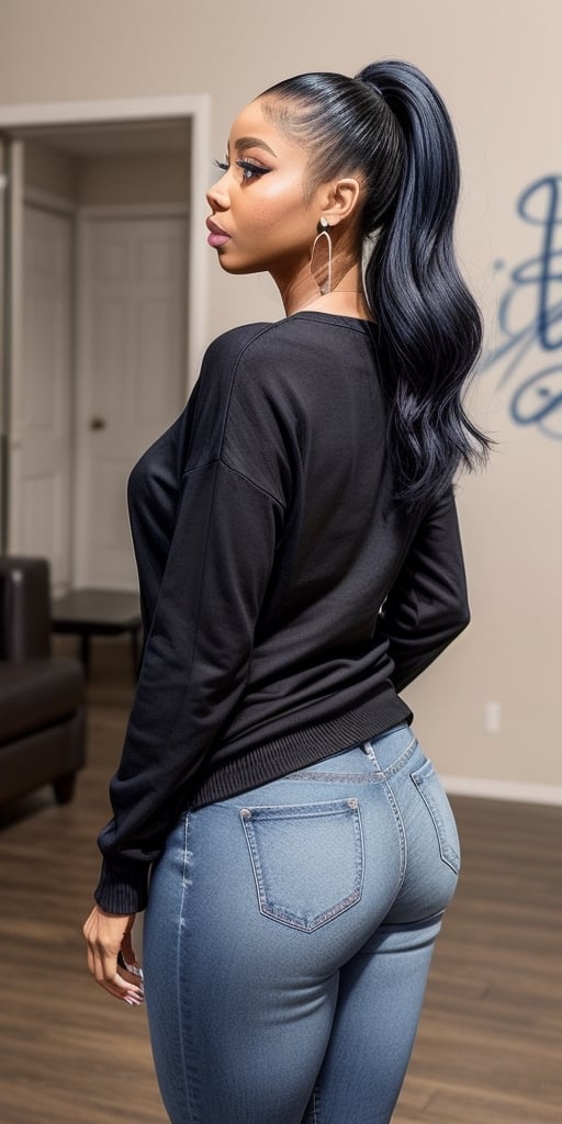 a woman standing in a room holding a purse, inspired by Briana Mora, instagram, graffiti, nicki minaj curvy, wearing a dark shirt and jeans, blue sweater, frontal pose, black outline, black black black woman, queen, real life size, wearing sweatshirt, side pose, thot, image, profile pic, satisfied pose, profile image, jeans and t shirt