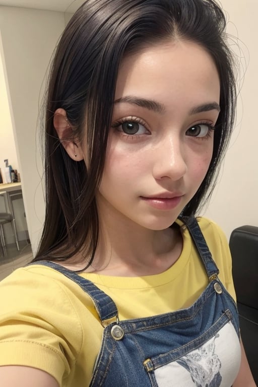 a close up of a person wearing a yellow top, a picture, instagram, tachisme, she is about 1 6 years old, peruvian looking, frontal picture, official screenshot, slight color bleed, a cute young woman, angelawhite, she is mexican, with same hairstyle, indoor picture, beautiful girlfriend, real ungine, very very low quality picture