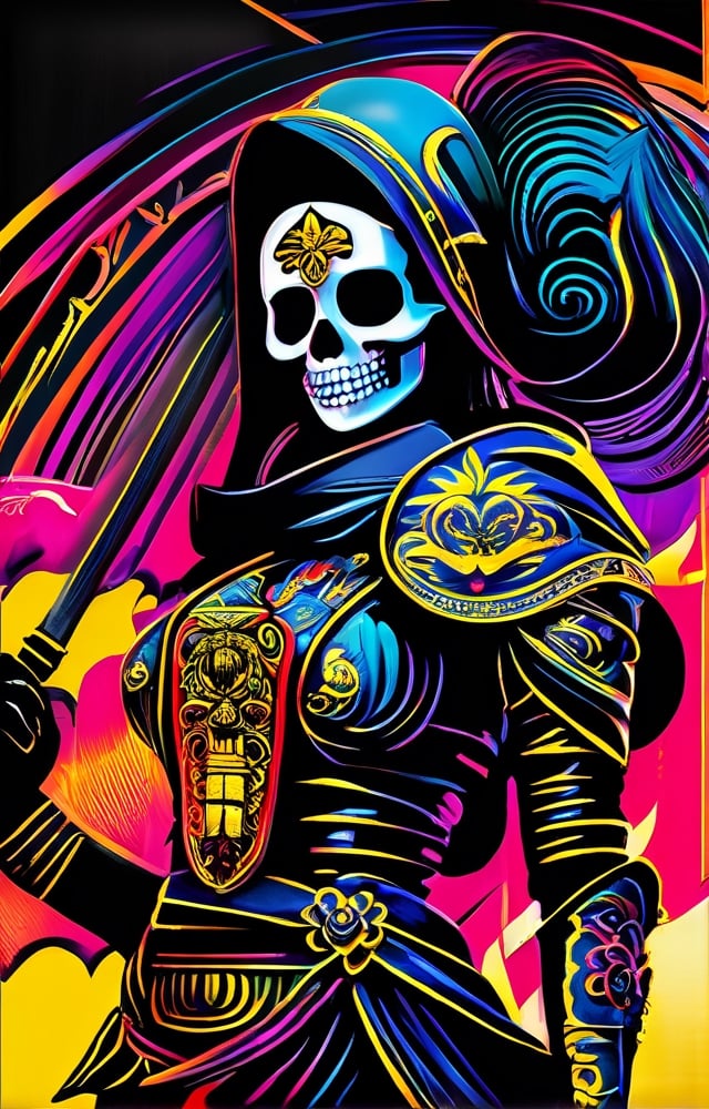 Design a unique and striking representation of Santa Muerte that captures her mystical essence and power. Use vibrant colors and intricate details to create a work of digital art that inspires a deep sense of respect and fascination for this iconic figure of Mexican culture. ",HellAI,monster,fire,skull, lethal geisha cyborg assassin wearing hooded kimono & armor, danger, red-yellow sky, post apocalyptic art, neon horror, sci-fi, glitchcore, cgsociety, modern european ink painting, androgynous, mixed media, dystopian art, black and Neon cosmic art, analog horror, nightmarefuel, space punk, glitchcore, hauntingly beautiful, beautifully ominous. A world class female cyborg in stunning HD, world class art, unique, modern masterpiece, exceptional, exquisite, dark fantasy, apocalypse art, calotype