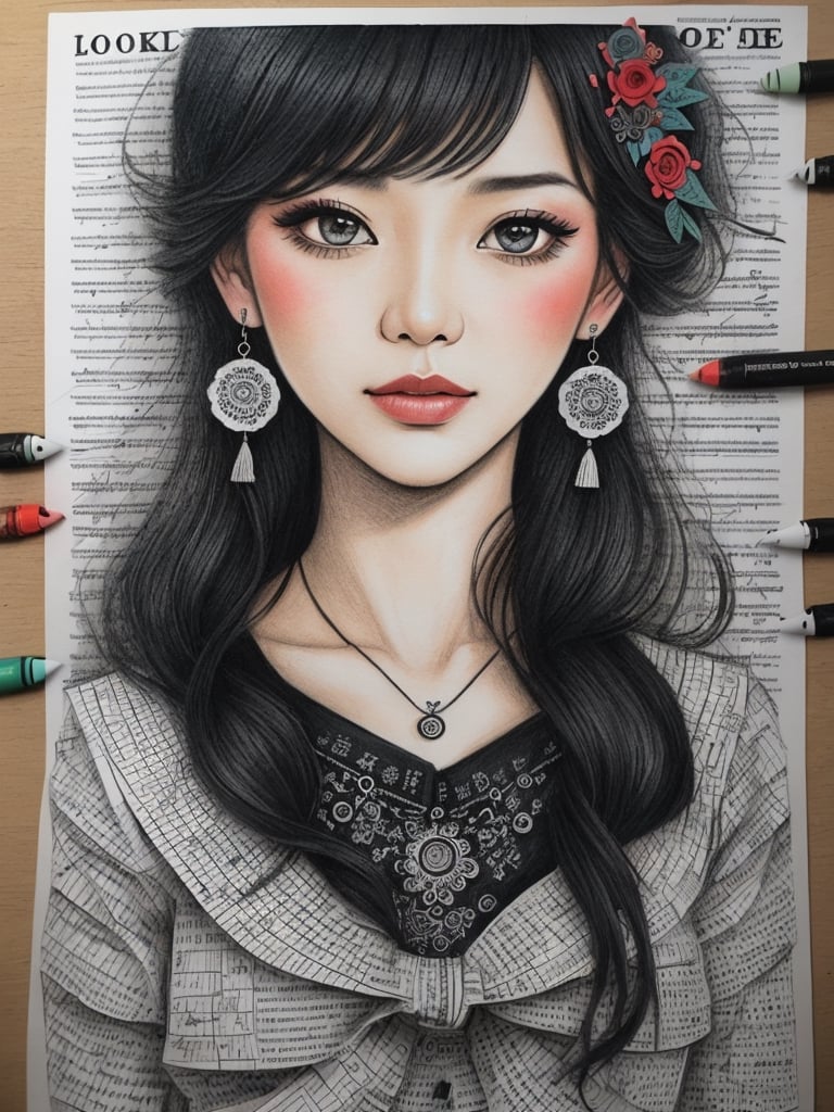 Charcoal drawing illustration collage, marker drawing portrait of a Vietnamese woman on collage of book pages, magazine headlines cutouts, musical notation paper scraps, by Peterdraws, flowerpunk, boho styled fabrics, intricate, buttons, wirework jewelry, by Loui Jover