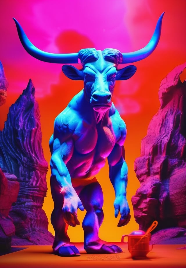 In a surreal display of colors and emotions, a peculiar zenithal minotaur stands out against a vibrant backdrop. This mesmerizing photograph captures the creature in its prime, illuminated by a celestial light from directly above. The minotaur's body is adorned with a myriad of pop colors, blending electric blues with neon oranges and whimsical pinks. Its intimidating presence contrasts with the whimsy of its appearance, creating a captivating visual juxtaposition. This high-quality photograph invites viewers to explore the enigmatic world where fantastical creatures roam.

