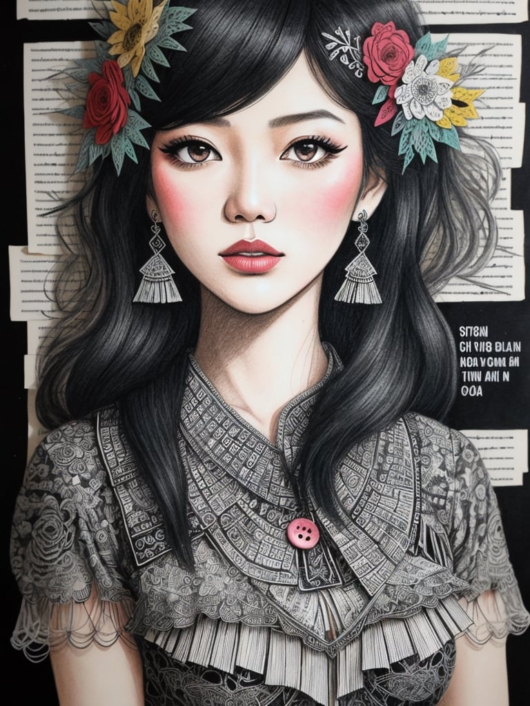 Charcoal drawing illustration collage, marker drawing portrait of a Vietnamese woman on collage of book pages, magazine headlines cutouts, musical notation paper scraps, by Peterdraws, flowerpunk, boho styled fabrics, intricate, buttons, wirework jewelry, by Loui Jover