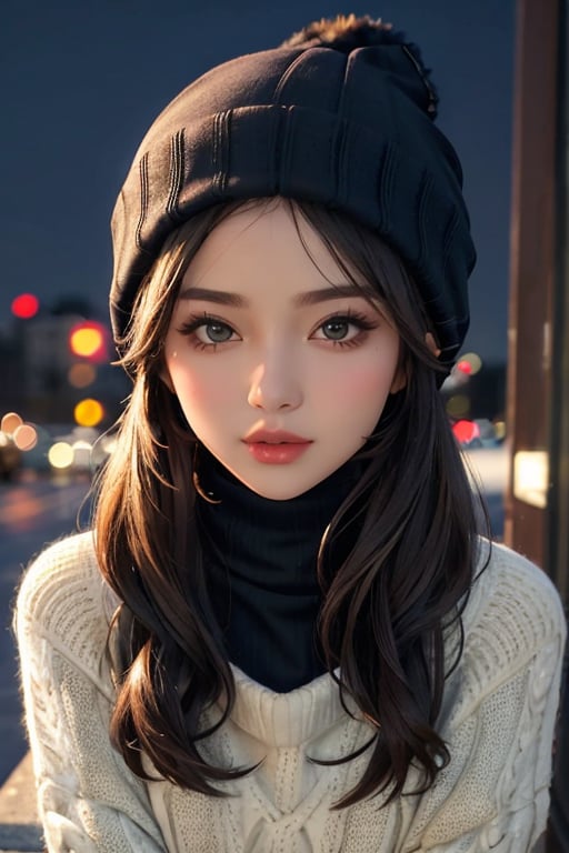 face focus, cute, masterpiece, best quality, 1girl, Niqab, sexy sweater, looking at viewer, hot upper body, beanie, outdoors, night, turtleneck