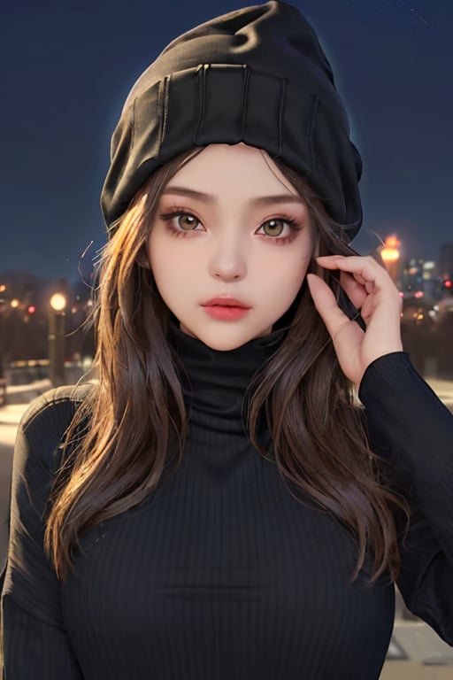 face focus, cute, masterpiece, best quality, 1girl, Niqab, sexy sweater, looking at viewer, hot upper body, beanie, outdoors, night, turtleneck